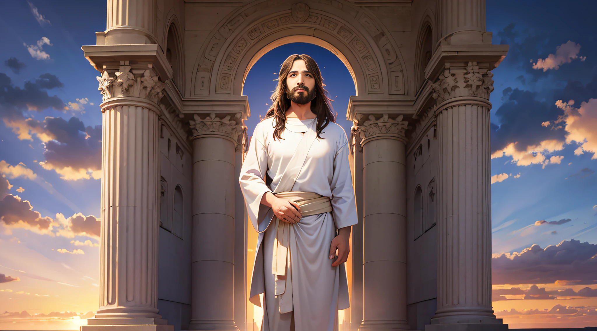 A portrait of Jesus, full body, sky, clouds, sunset, sacred aura, cinematic, realistic light