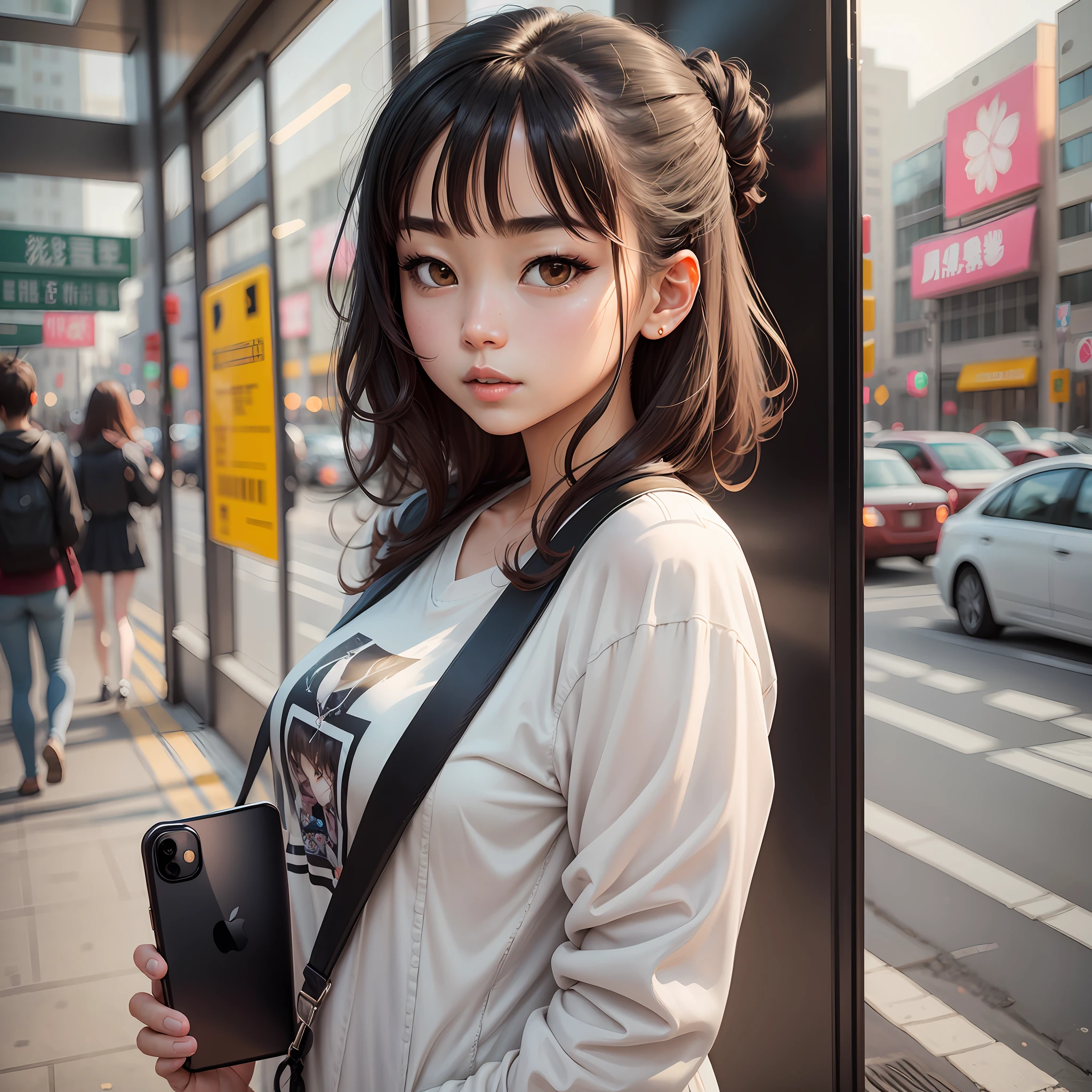 Manga style girl taking picture with an iPhone 12 --auto --s2
