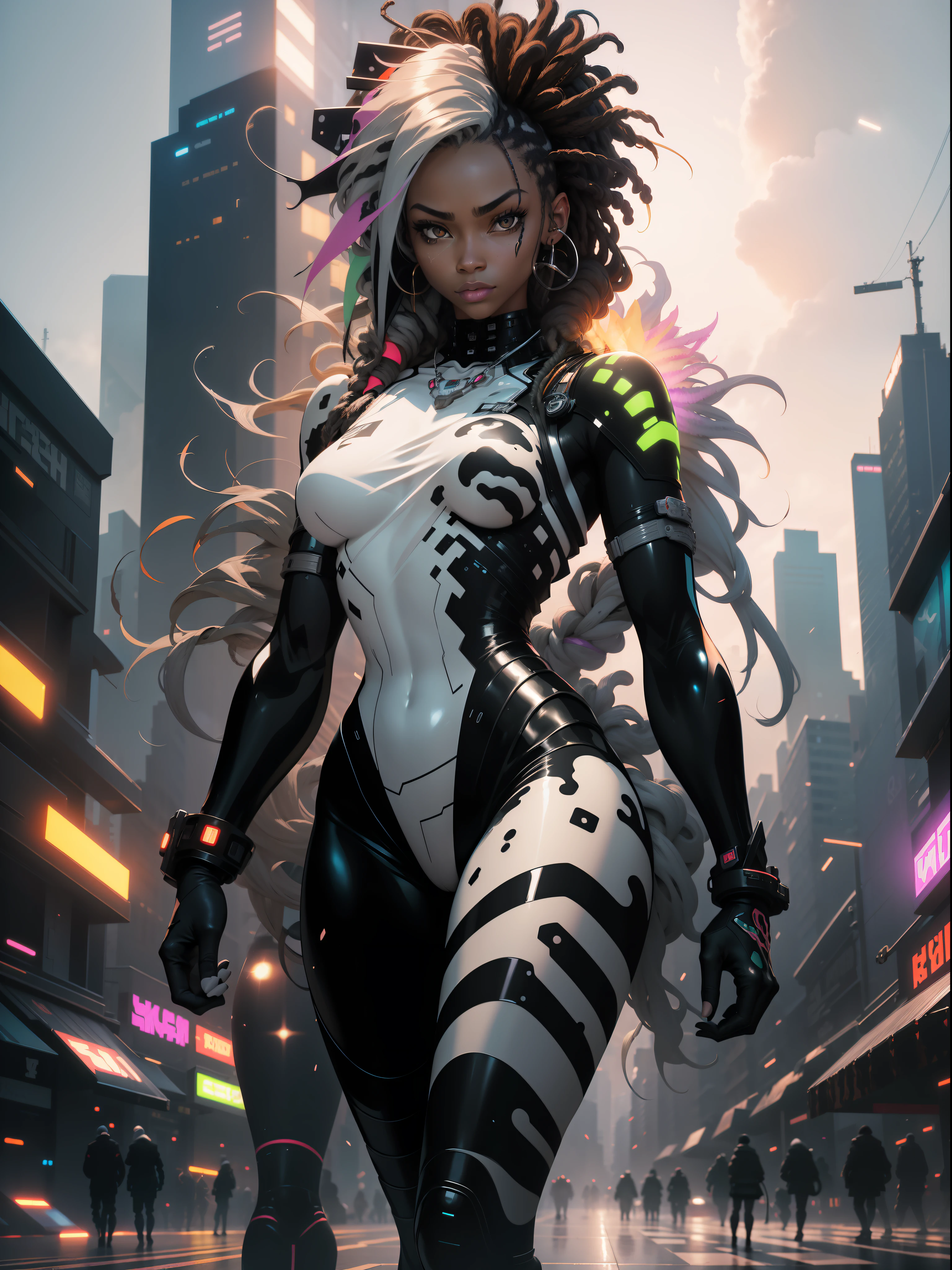 ((Best quality)), ((masterpiece)), (detailed: 1.4), (Absurd), Zulu warrior, zebra, African bracelets and necklaces, black skin, cybernetic hands, Clothing with zebra skin camouflage, explosion of colors, cosmic tattoo, nebulous, sculptural body defined muscle, whole body, half thick naked thighs, closed mouth, body covered by technological clothing, Neon Genesis Evangelion style, cyberpunk, generous neckline, ((perfect medium breasts)), (super light brown eyes), ((clothing with zebra skin camouflage)), (((black and white hair with dreadlocks)))), long and black eyelashes heavy makeup, various African jewelry, bare legs, by mucha, niji --V5, close to real, psychopath, crazy face, sexy pose, fractal background, 2 piece clothing, pastel, centered, scale to fit the dimensions, HDR (High Dynamic Range), Ray Tracing,NVIDIA RTX,Super-Resolution,Unreal 5,Subsurface Dispersion, PBR Texture, Post-processing, Anisotropic Filtering, Depth of Field, Maximum Clarity and Sharpness, Multilayer Textures, Albedo and Specular Maps, Surface Shading, Accurate Simulation of Light-Material Interaction, Perfect Proportions, Octane Render, Two-Tone Lighting, Wide Aperture, Low ISO, White Balance, Rule of Thirds, 8K RAW, Crysisnanosuit
