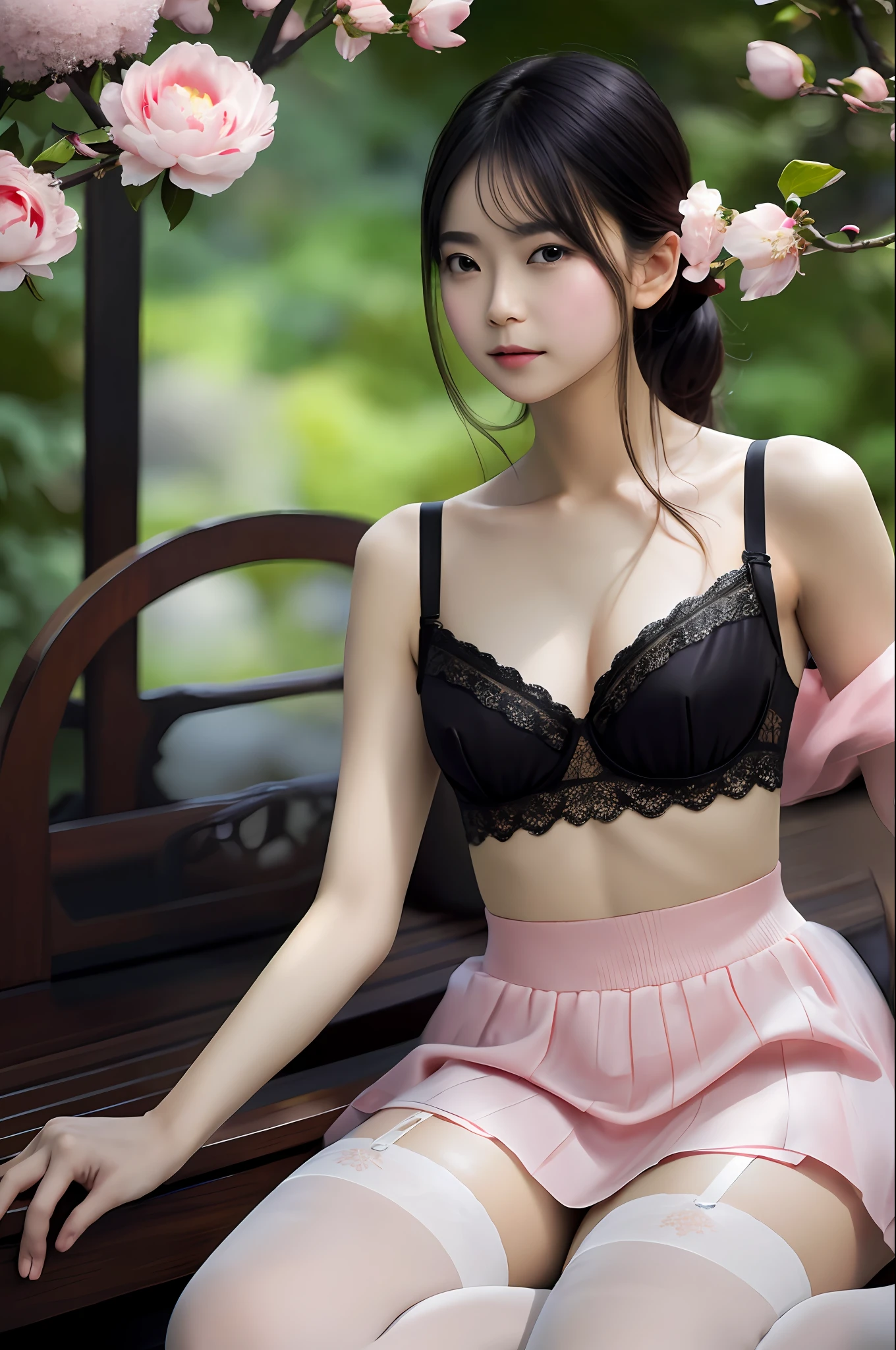movie portrait photography, 1girl, correct body structure, perfect body, fair skin, pretty face, detailed face, blush, face, maid hair ornament, charming body, slim, wide hips, thin waist,black lace bra,black lace panties, plump with deep, black pantyhose, long legs, stockings, thigh stockings, standing bench with full body photo, leg focus, fair skin with bare shoulder length, tranquility, calm, (realistic details, natural skin texture, realistic facial details), Soft dramatic lighting, depth of field, bokeh, vibrant detail, fine detail, surrealism, 35mm film, hazy blur, film, 16k, peony, rose, cherry blossom, rainforest, lots of flowers, juice:1.3)