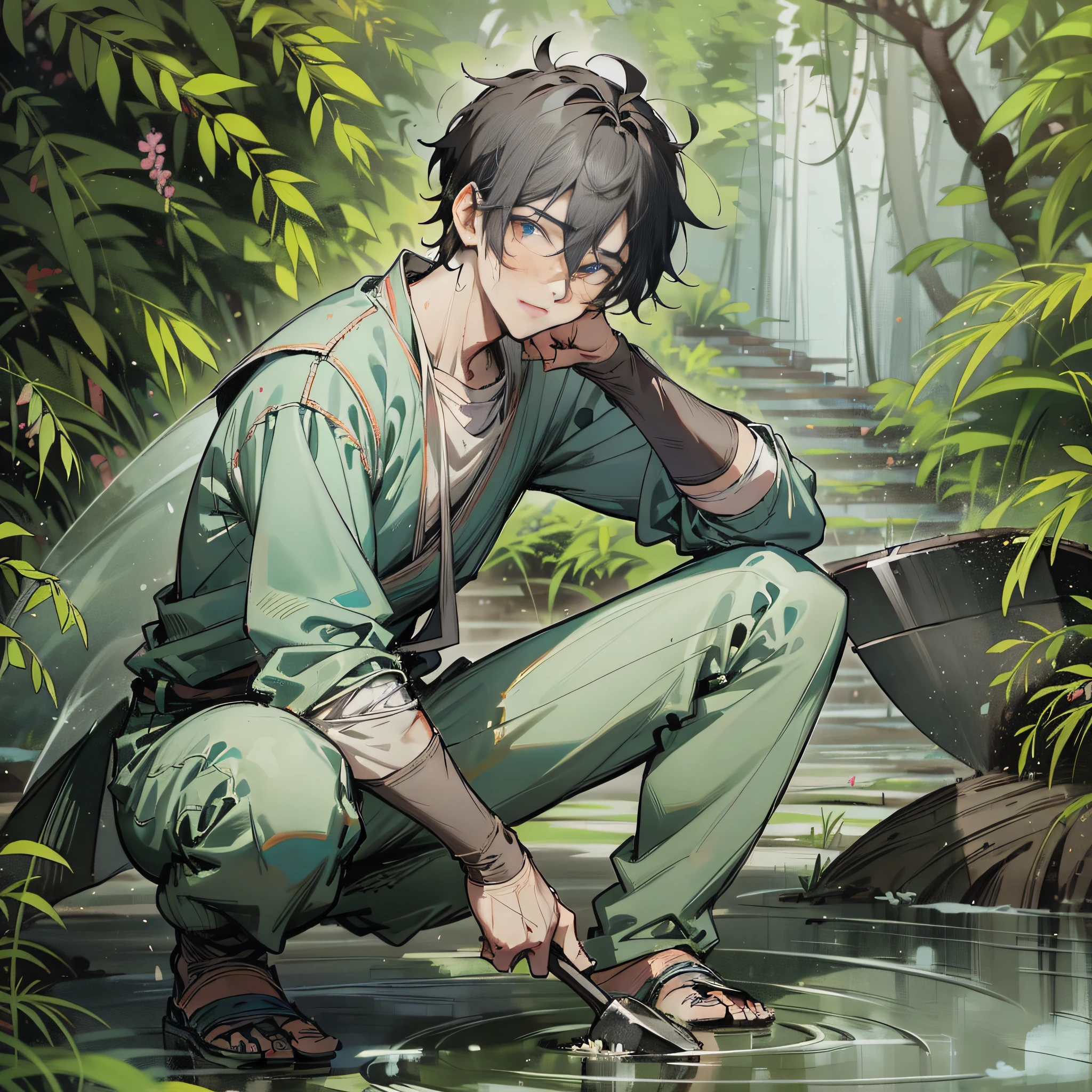 High-quality, fairy-level ancient world, lifelike picture. [Male Protagonist: (1 male)], black hair, he is wearing clothes full of dirt stains and sweat, holding a shovel in both hands, and his face is full of pitiful expression, he is digging in the dirt.