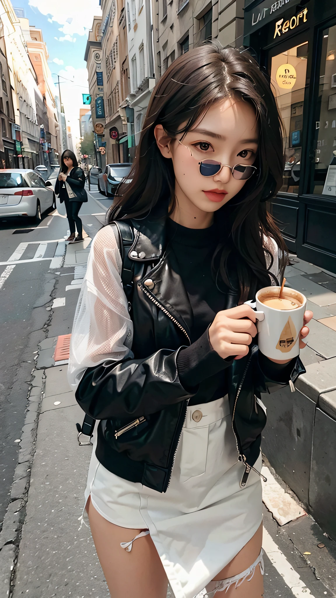 Beautiful woman, fiddling with cell phone and coffee in the middle of the street, short clothes, behind the bank façade