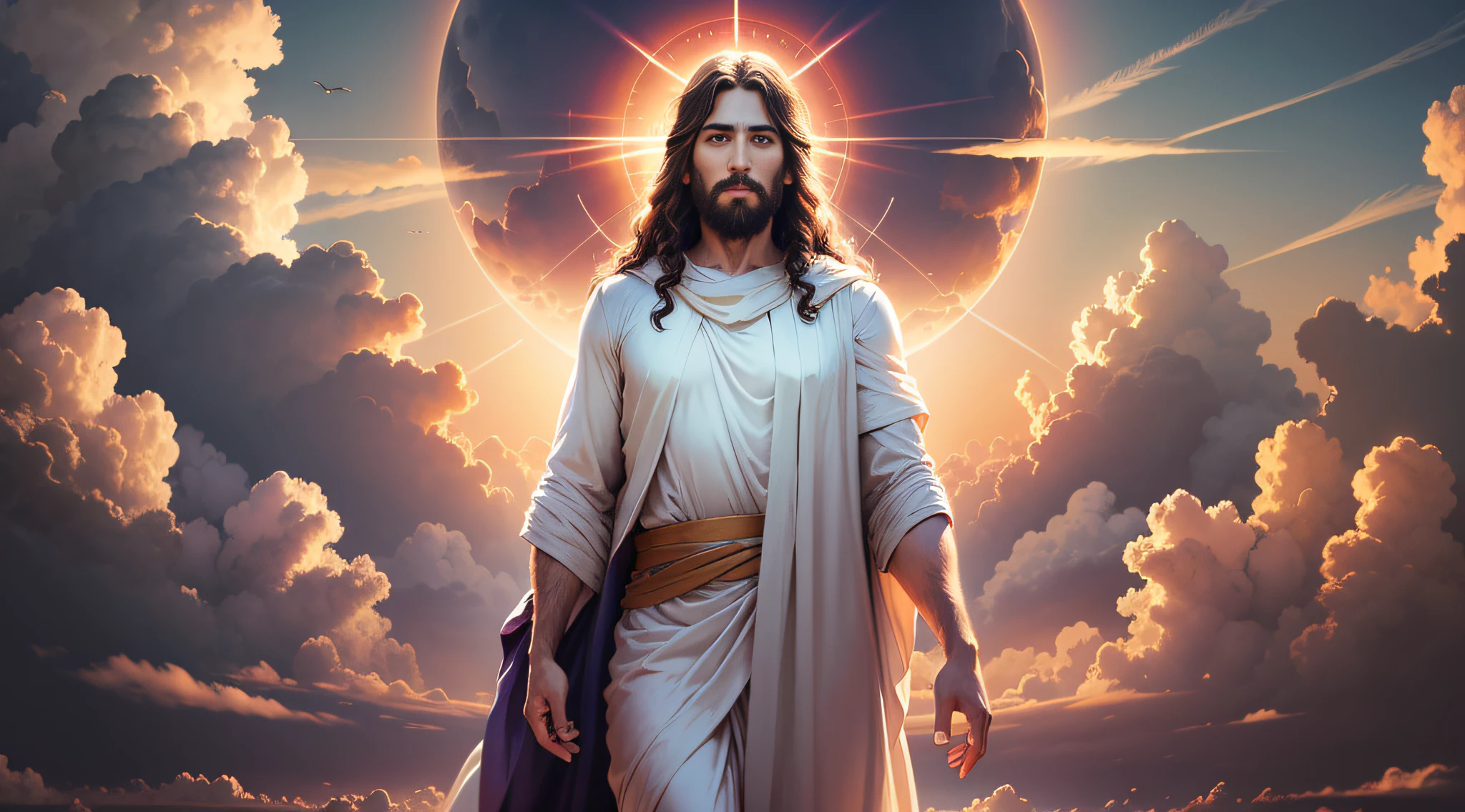 A portrait of Jesus, full body, sky, clouds, sunset, sacred aura, cinematic, realistic light