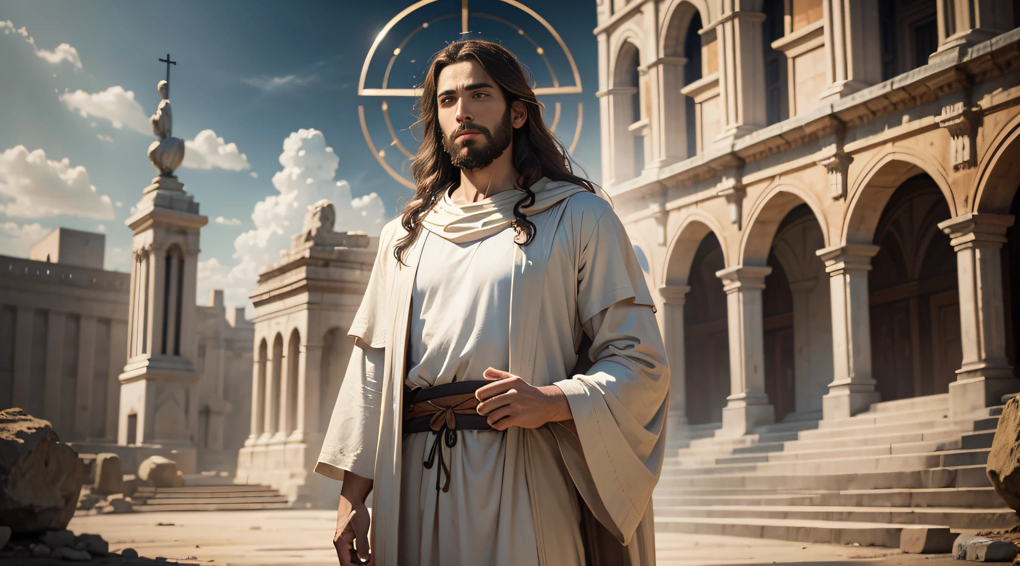 A portrait of Jesus, full body, sacred aura, cinematic light, realistic