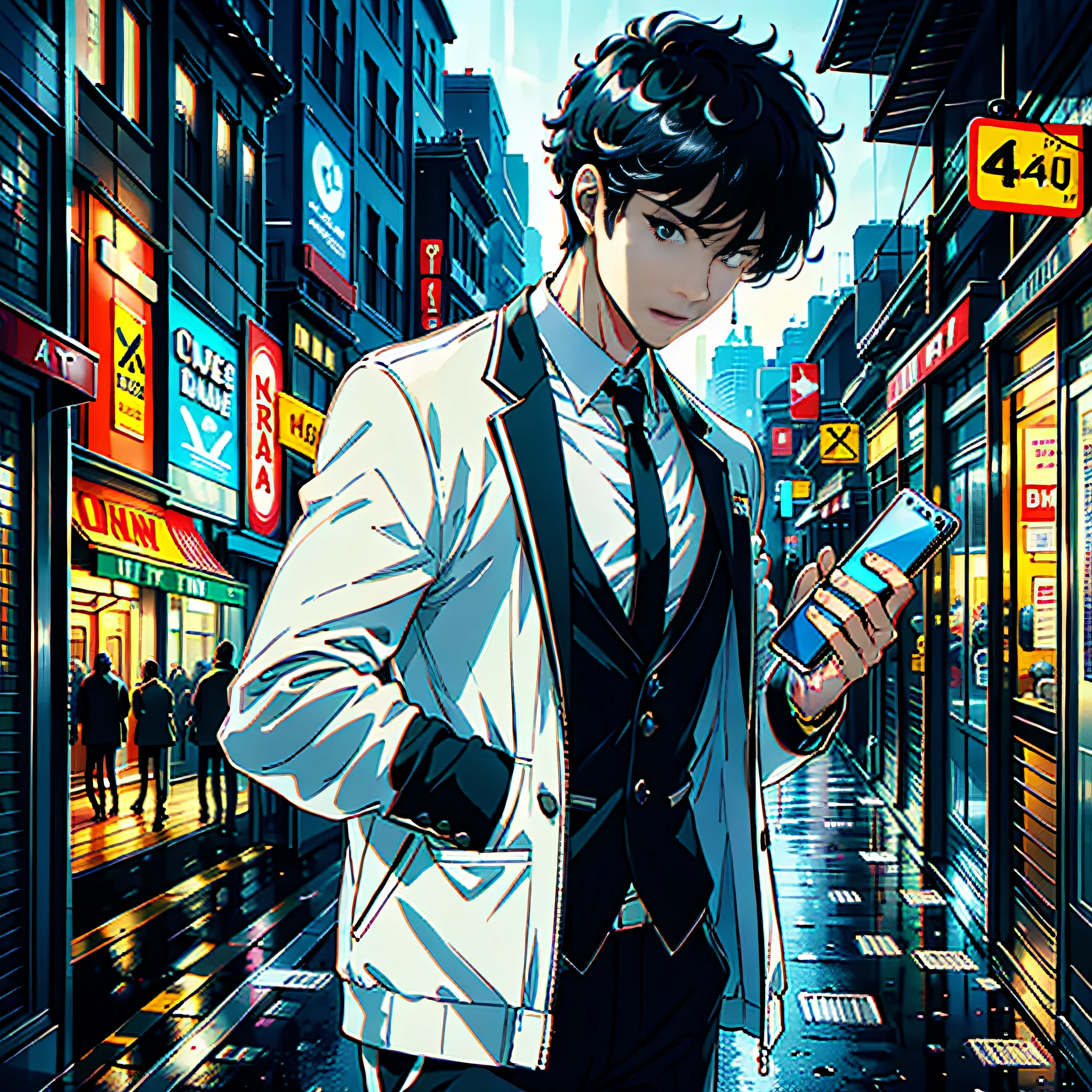 A handsome boy looking at a phone in his hand, looking at a phone, holding a phone in his hand, a mobile phone, super high detail, eyes looking at the phone screen, white sports jacket, short black hair, by the street, super high detail, high real, 4K, chiaroscuro, super detail
