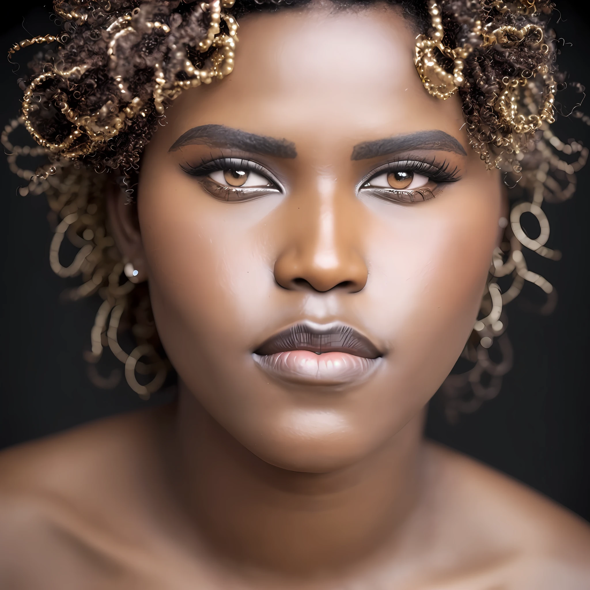 A gorgeous sexy african goddess, dark skin, (realy luxuriant afro-textured hair rainbowned), curvy, busty, (geisha eyes)
