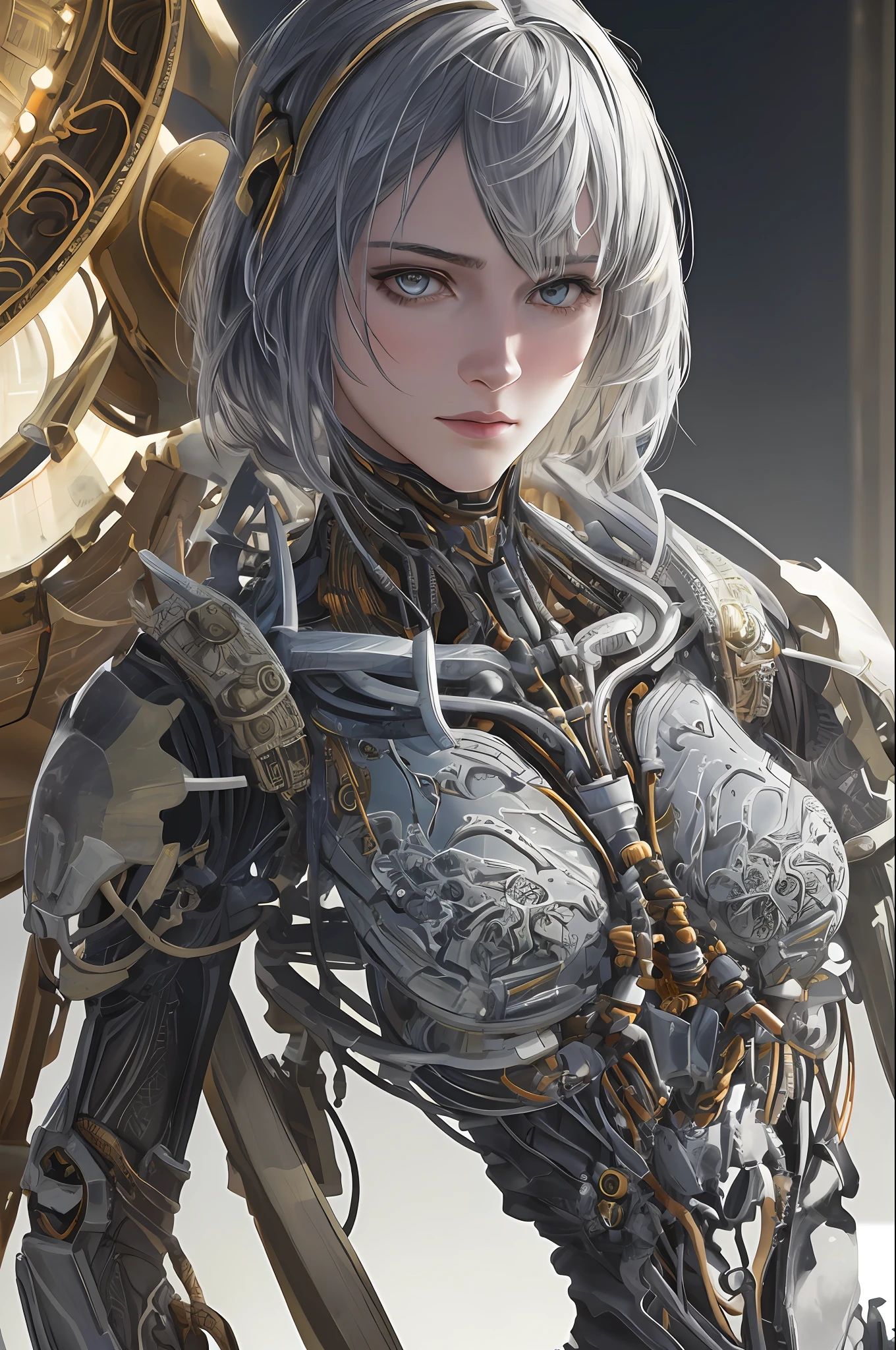 1mechanical girl,((ultra realistic details)), portrait, global illumination, shadows, octane render, 8k, ultra sharp,metal,intricate, ornaments detailed, cold colors, egypician detail, highly intricate details, realistic light, trending on cgsociety, glowing eyes, facing camera, neon details, machanical limbs,blood vessels connected to tubes,mechanical vertebra attaching to back,mechanical cervial attaching to neck,sitting,wires and cables connecting to head