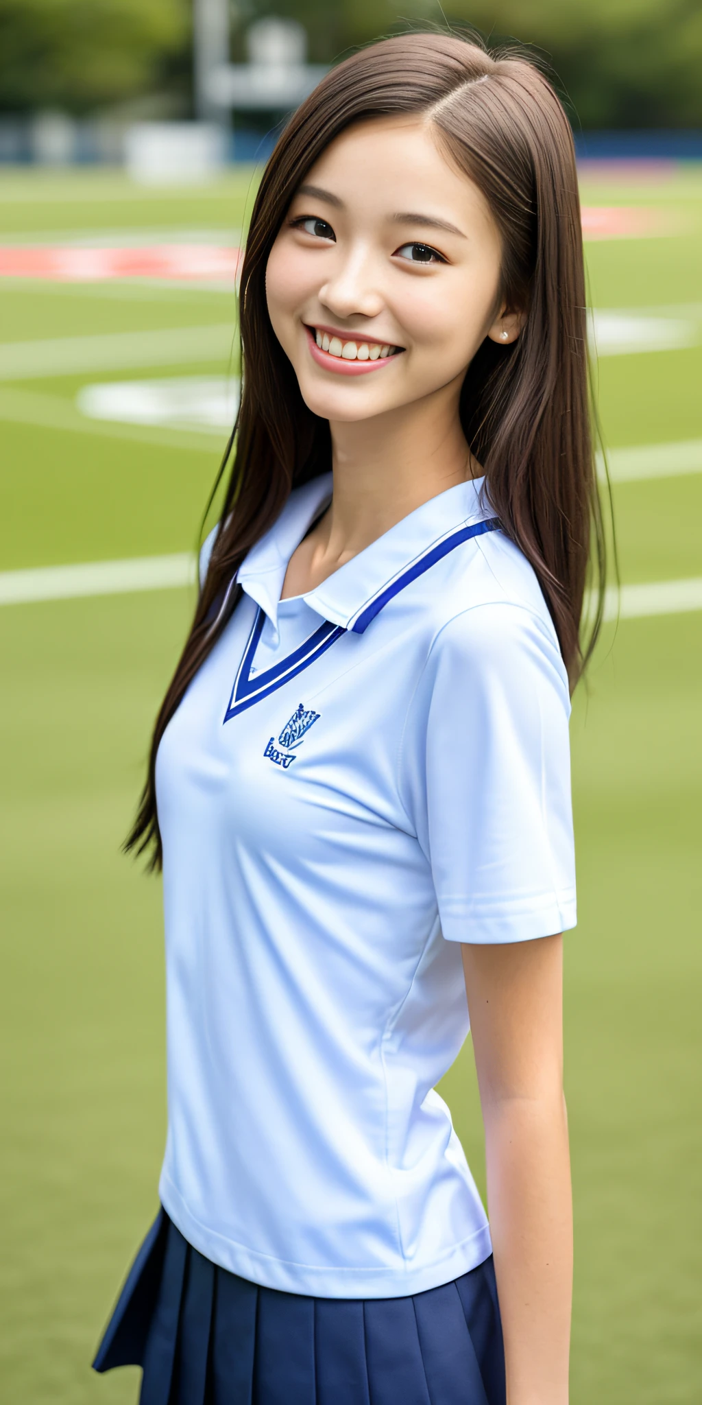 neat college girl, petite, (school uniform, Y-shirt, summer clothes), outside the athletic field, (slim), photorealistic, detail, skin texture, ultra detail, delicate and sexy collarbone, smile, super detailed face, detailed lips, detailed eyes, double eyelids, small breasts, small breasts, small, flat breasts, breast enhancement