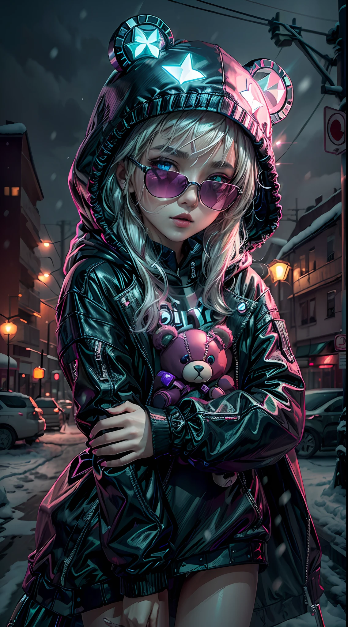 ((Best Quality)), ((Masterpiece)), (Very detailed: 1.3), 3D, NeonNoir, beautiful cyberpunk loli, (oversized teddy bear: 1), (with sunglasses: 1.2), (diamond-shaped pupils: 1.2), heart-shaped, wearing a long hooded cape, (wearing a hood: 1.2), purple neon on the monitor, colorful neon signs on the wall, street lights, (white emitting: 1.1), contemptuous eyes, Standing on the street, snowing, Sony master shot,
