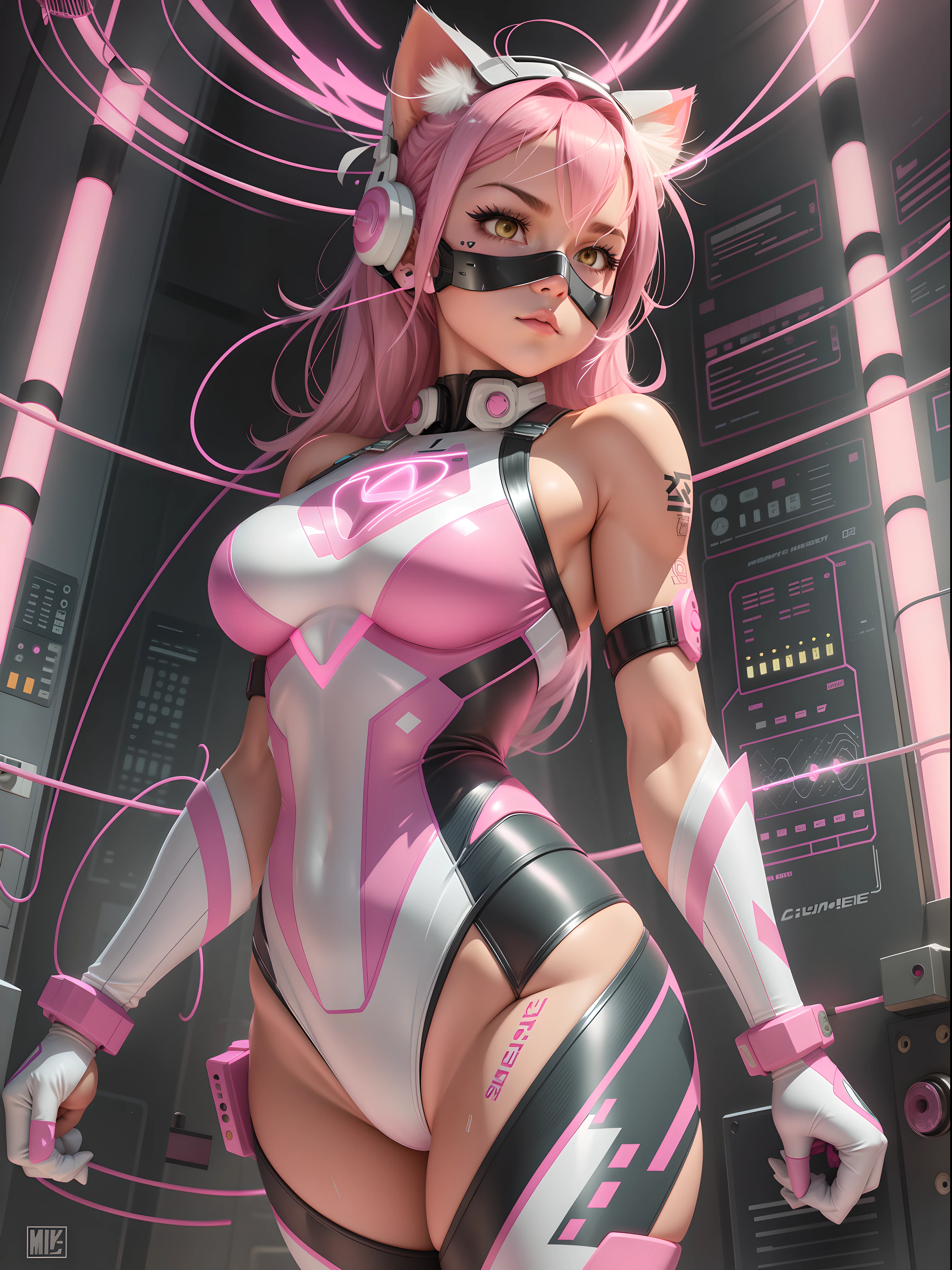 female meow superhero with pink and white mask covering face, pink energy on mask, energy flow on mask, white glowing eyes on mask, sexy physique, the superhero suit is predominantly pink, white electricity conductor on chest, pink logo around conductor, energy conductors on shoulders, hips, knuckles, and kneepads, pink energy regulators outlining white conductors, pink stripes of regulators on forearms and sides, art by Bruno Redondo, dark room, lovely atmosphere, artwork, art, circuit, energy