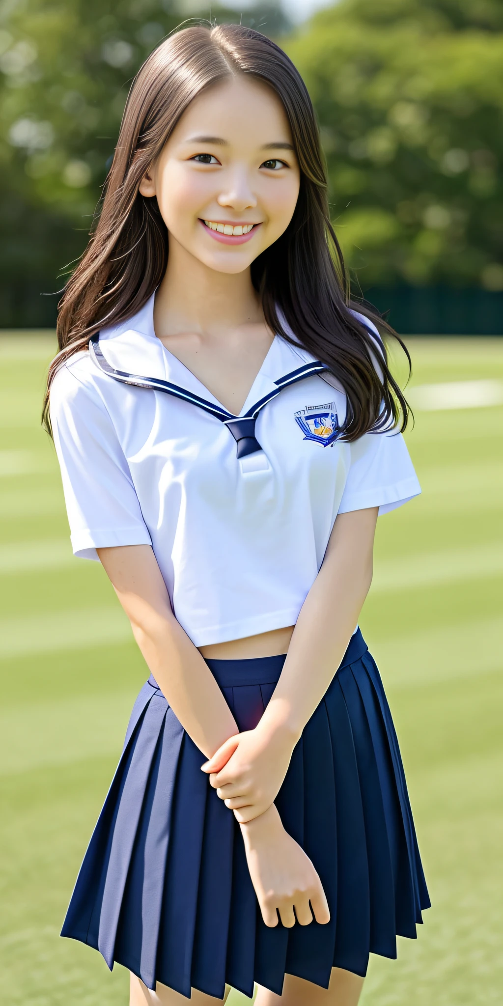 neat college girl, petite, (school uniform, Y-shirt, summer clothes), outside the athletic field, (slim), photorealistic, detail, skin texture, ultra detail, delicate and sexy collarbone, smile, super detailed face, detailed lips, detailed eyes, double eyelids, small breasts, small breasts, small, flat breasts, breast enhancement