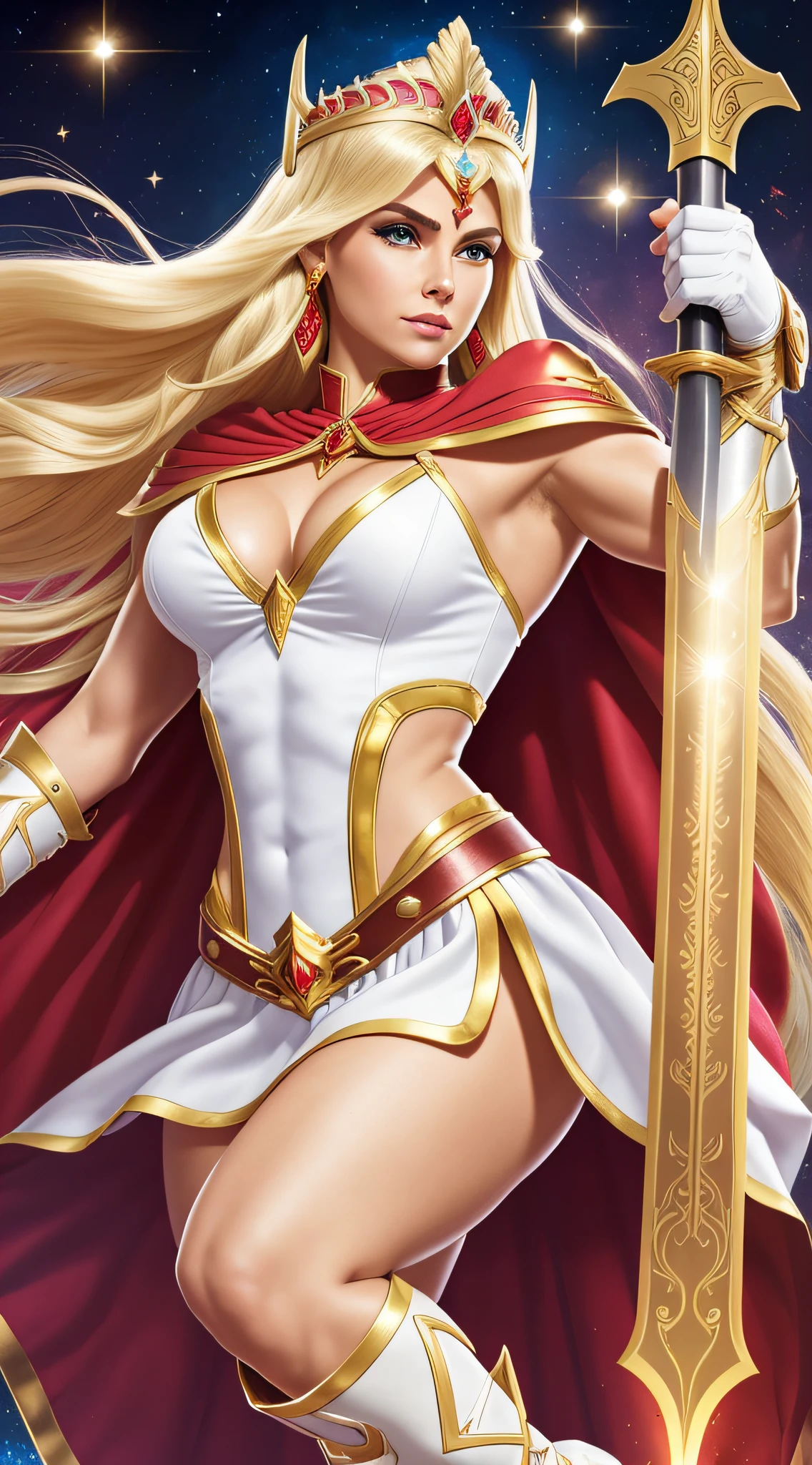 She-Ra adult woman, age 35 years, , She wields a large and thick long (magic sword), very detailed sword hilt, abdominal muscle, muscular arms, wears a white and gold one-piece mesh that has a V-neck and a red jewelry in the center. His boots and gauntlets are gold and match the design on his chest. has white long skirt Her boots reach above the knees and have a red cuff, while her gauntlets extend beyond the elbows. She wears a golden tiara with a red jewel in the center, and a long red cape that attaches to her shoulders with golden clasps, She-Ra's hair is blonde and stylized in a voluminous updo, with long fringes framing her face, v5, .