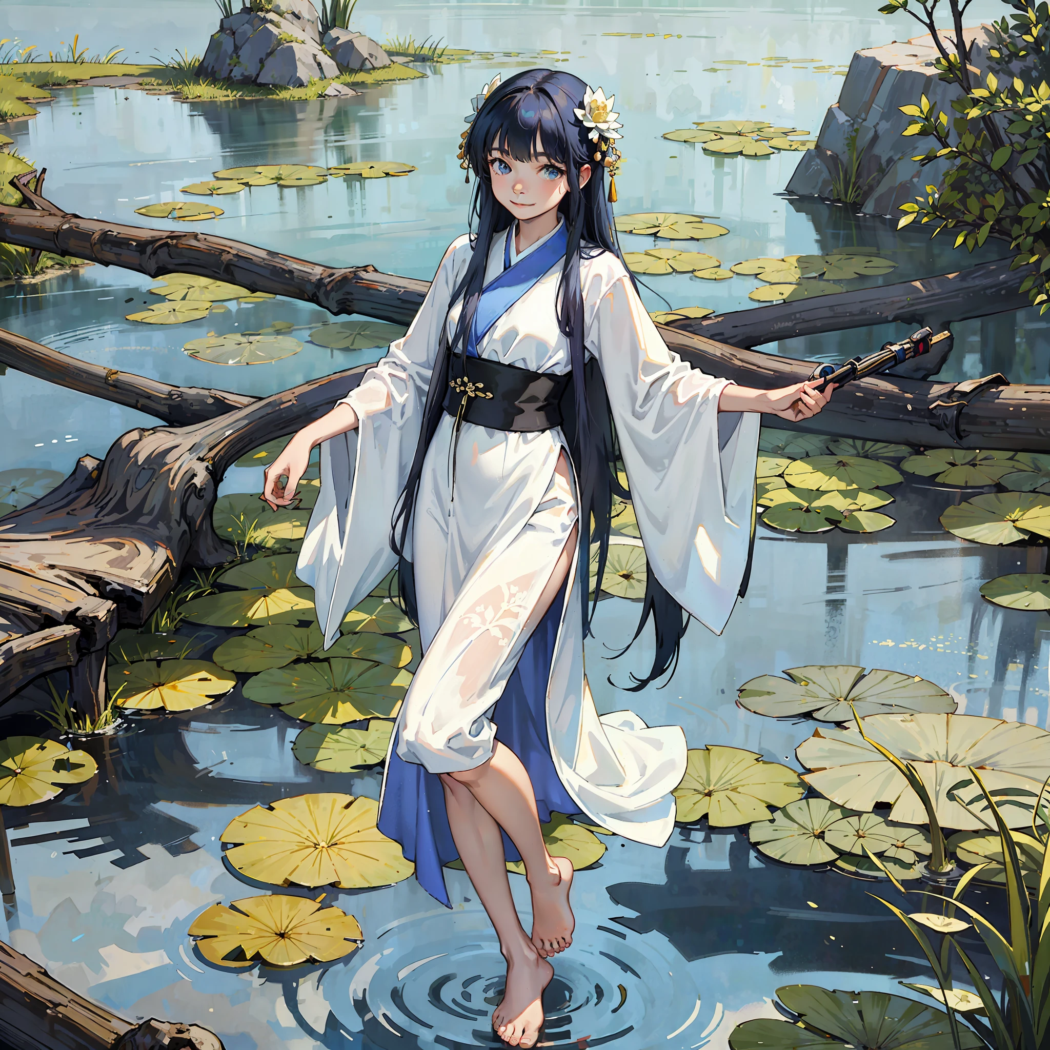 ((4k,masterpiece,best quality)), shuimobysim, traditional chinese ink painting, lotus, hanfu, maxiskit, dress conservatively 1girl, solo, long blue hair, smile, standing, feet in the water, barefoot, --auto --s2