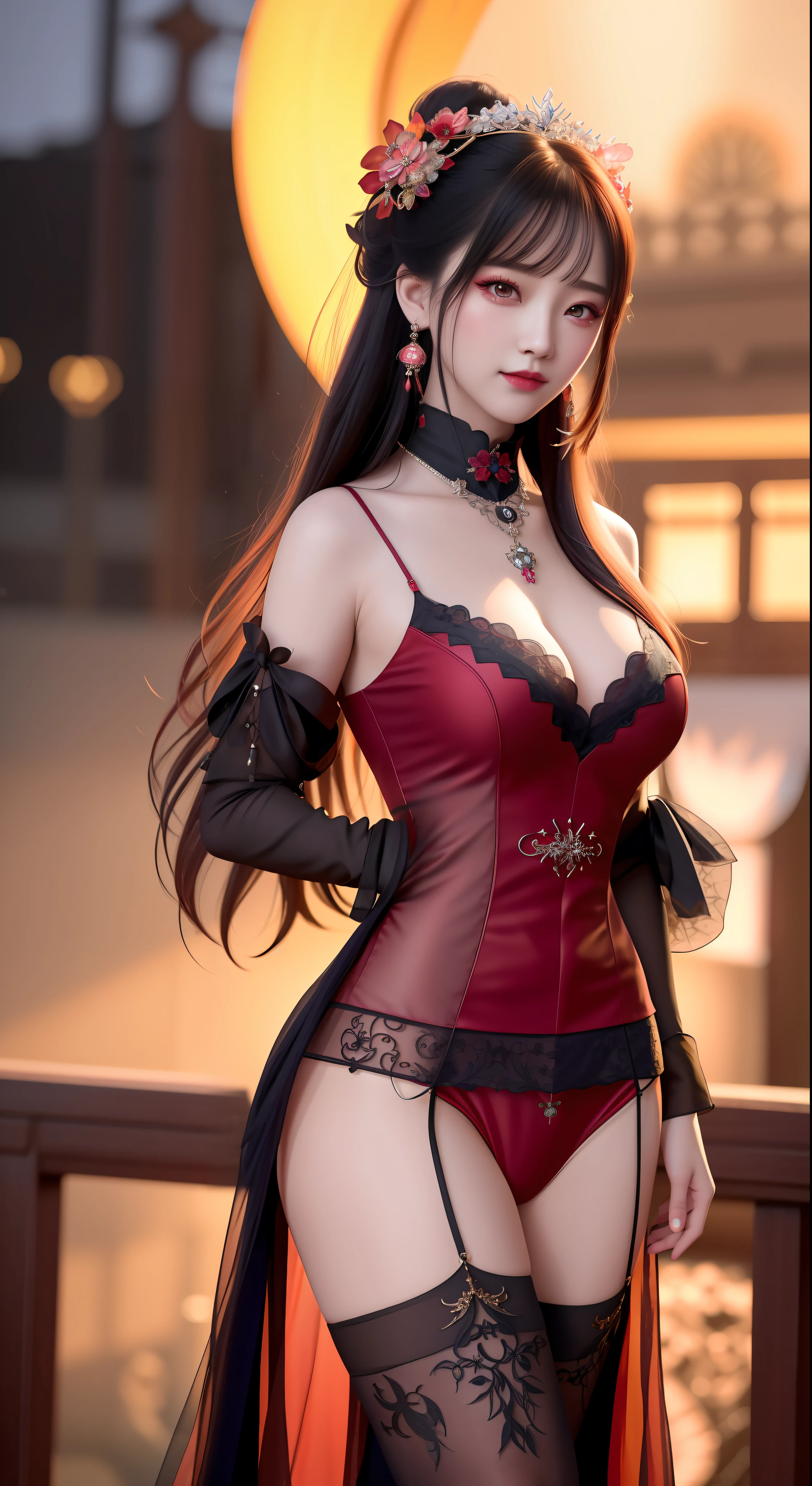 best quality, masterpiece, highres, 1girl, hanfu, white and even teeth, red irises, chinese underwear, hair ornaments, necklace, jewelry, crown jewelry. Pretty face, magic import style, tyndall effect, photo realistic, dark studio, border light, two-tone light, (high-detail skin: 1.2), 8k uhd, dslr, glow soft light, high quality, volumetric light, candid, Photo , high resolution, 4k, 8k, Bokeh, (light pink lips), 1 beautiful demon from hell, In the Dark: 1.6), surreal full body women by David Hockney and Alphonse Mucha, fantasy art, photorealism, dynamic lighting, station art, posters, volumetric lighting, highly detailed faces, super 8k , Awarded, in the dark, dark, low light, cowboy lens, (red phoenix dress: 1.4), long hair, black hair, bust, luxury palace, royal style family style, devil's crown, red eyes with very sharp and detailed makeup, Most beautiful face, Very round and firm breasts, Surreal, chinese women's long clothes, charming smile Charming, Pretty eye makeup, guweiz, mesh stockings with laces attached to waist lace socks, thigh-length tops, dark red turtleneck turtleneck, ponytail with bow at the back, dark red lips, tattoo Demon on shoulder, overcast and thunderous landscape, (full body), Close-up of main character, (Hell background details 1.8), lace-up waist socks, medium-sized butt,