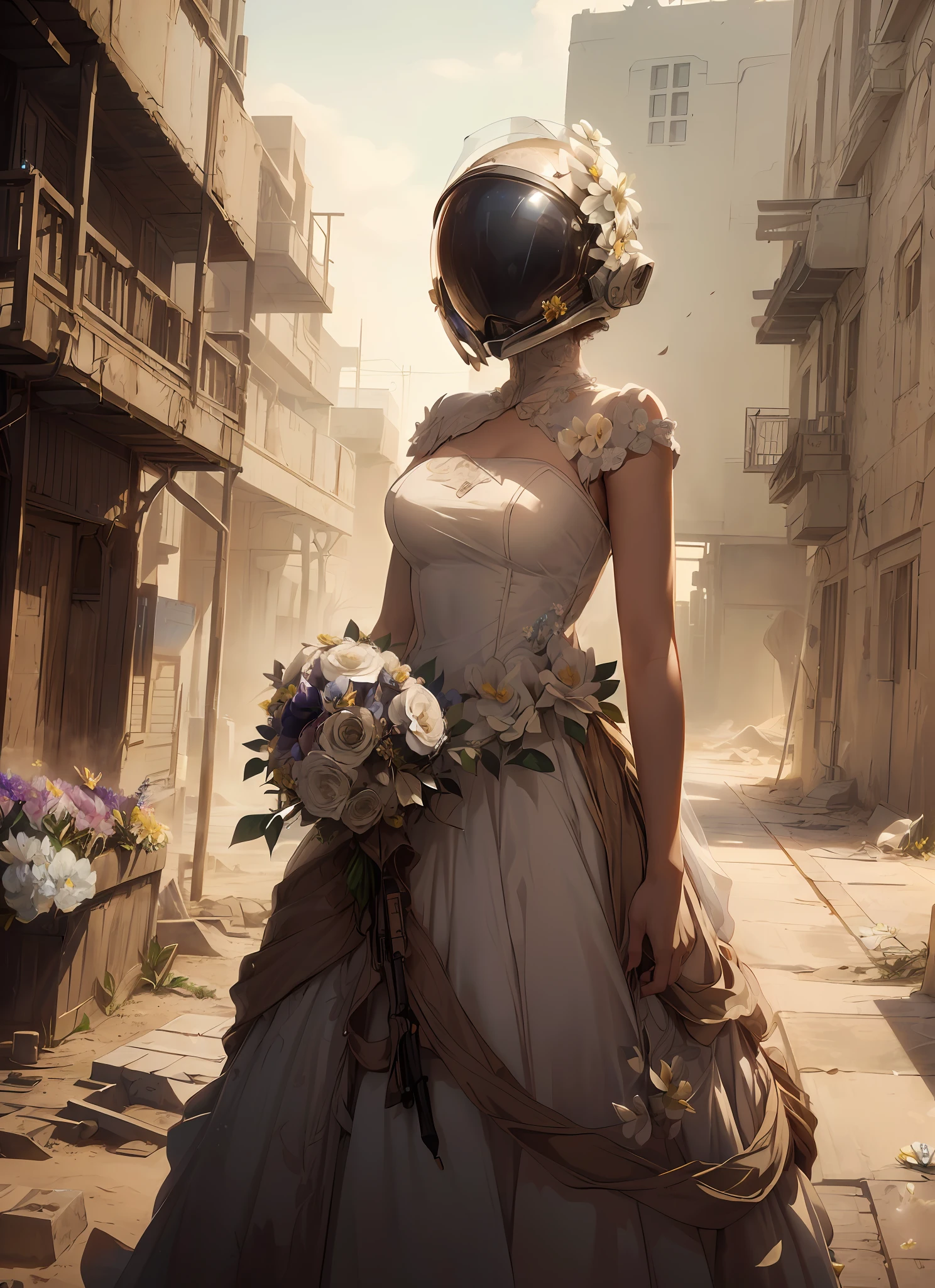 masterpiece, hyperdetail, Illustrations, dynamic angle, 1 girl, wearing space suit helmet, (wedding dress), full body, outdoor, (dust, sandstorm:L1.2), post-apocalyptic wasteland, third person, (withe flower:1.5), illustration, vivd color, cinematic lighting,