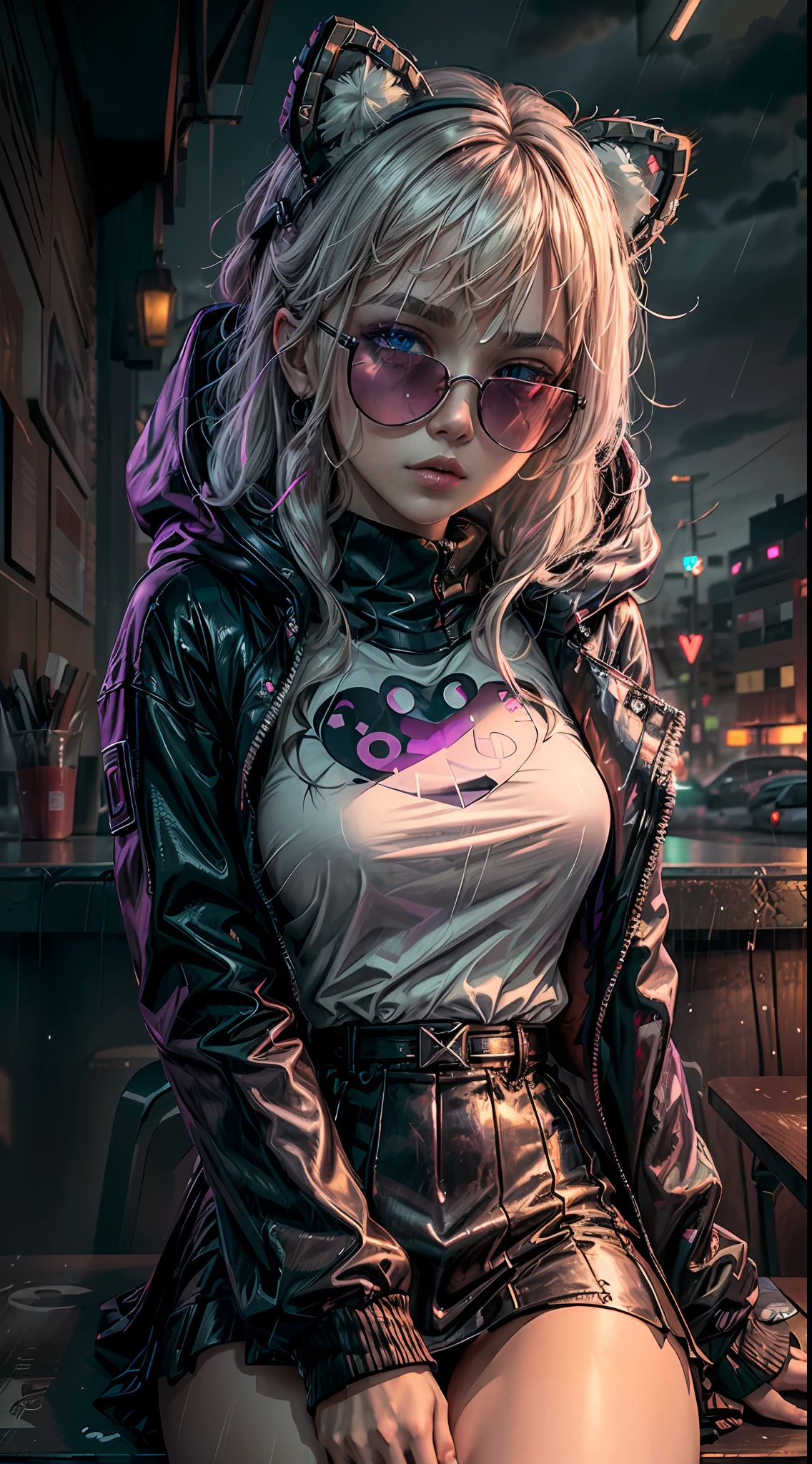 ((Best Quality)), ((Masterpiece)), (Very detailed: 1.3), 3D, NeonNoir, beautiful cyberpunk loli, (Giant teddy bear: 1), (With sunglasses: 1.2), (diamond-shaped pupils: 1.2), heart-shaped, wearing a long hood cape, (wearing a hood: 1.2), purple neon on monitor, colorful neon signs on the wall, street lights, (white emitting: 1.1), contemptuous eyes, It's raining outside, sitting in a bar, Sony master shots,