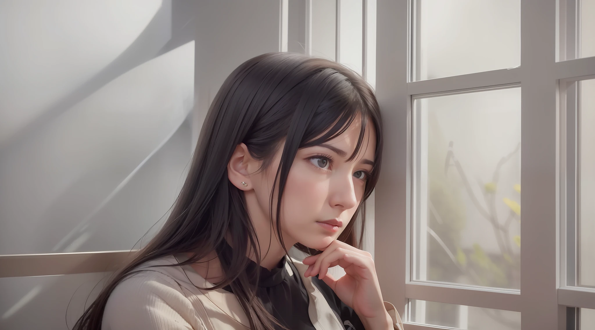 arafed woman looking out a window with her hand on her chin, sad look, sadness look, looking sad, near a window, looking out a window, distant thoughtful look, sad expression, depressed girl portrait, looking out window, thoughtful expression, near the window, lofi portrait at a window, looking out the window, soft portrait shot 8 k