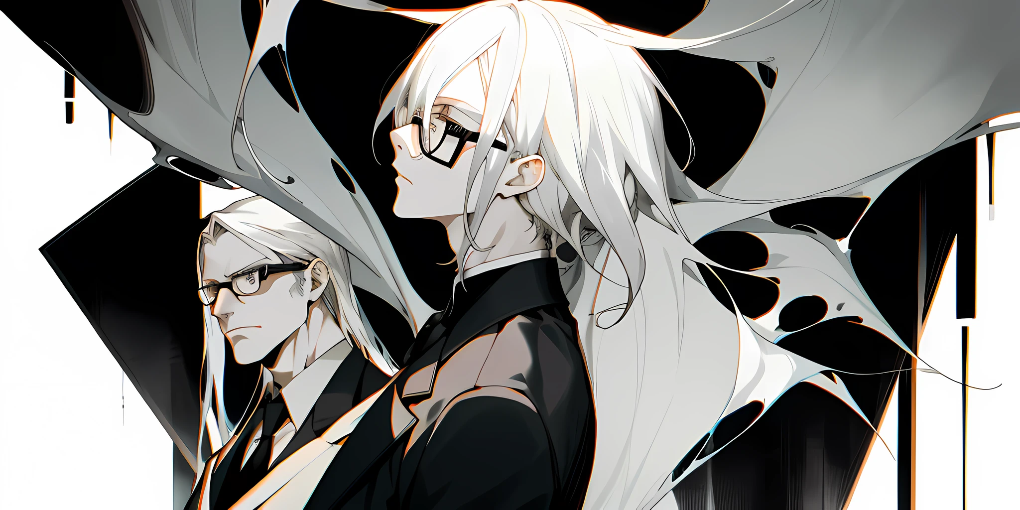 Decim (Death Parade), 1 man, 35-year-old,black bristle, man wearing glasses, closeup face, profile picture, portret, dresses in a formal and restrained style, a black jacket,white shirt, a professional look, Long white-ash hair, silver color, Hair Length: hair is typically style,
