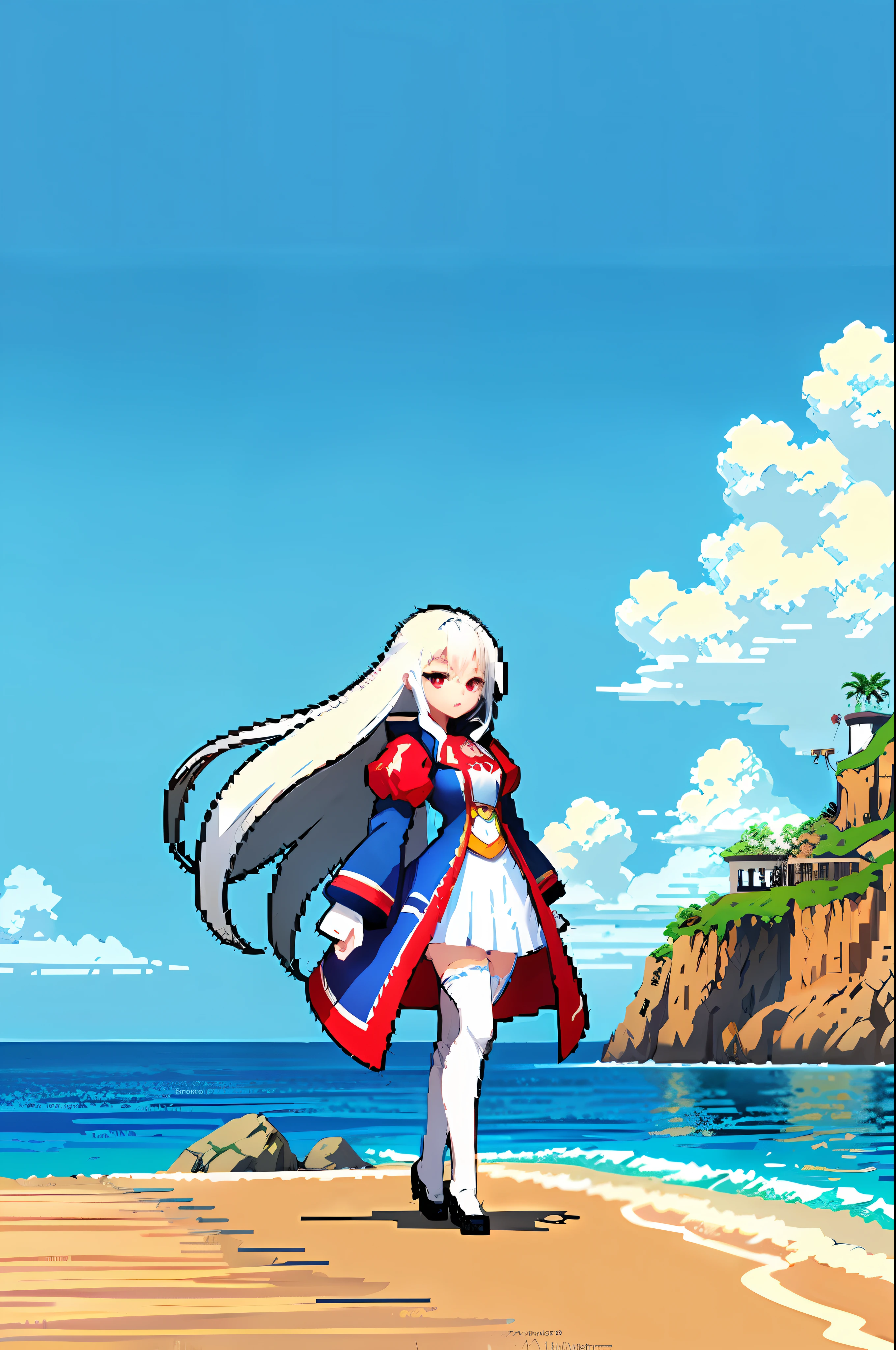 (Masterpiece, top quality, best quality) long white hair blown in mid-air by the wind, a red-eyed lady wearing white stockings, blue coat, white clothes, blue short skirt standing on the beach looking into the distance, side face, pixels, pixel art, 1girl, full body,