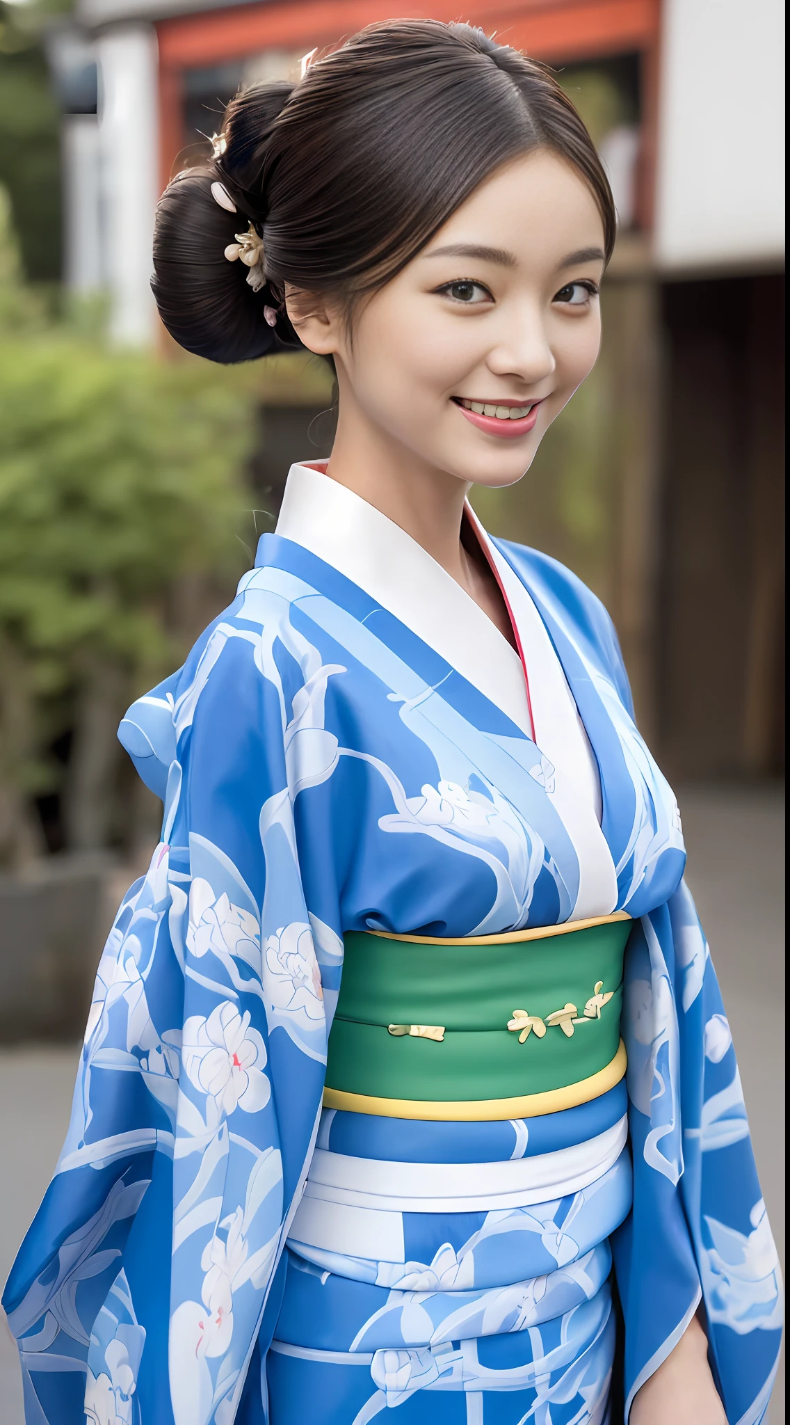 (((top quality, 8k, masterpiece))), crisp focus, (beautiful woman with perfect figure), slender, (hairstyle: up)), (((kimono: color)), street: 1.2, Highly detailed face and skin texture, detailed eyes, double eyelids, random posture, (smile), Japan person