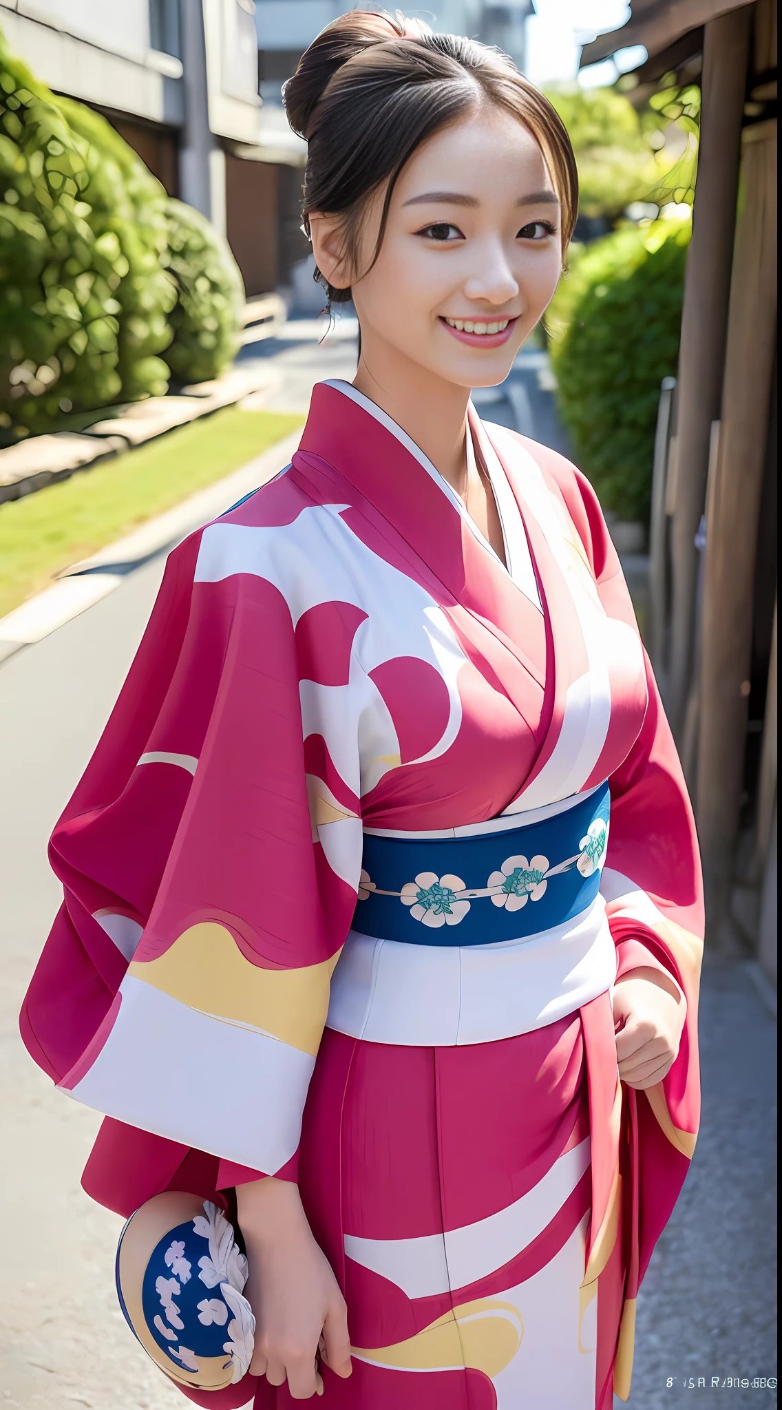 (((top quality, 8k, masterpiece))), crisp focus, (beautiful woman with perfect figure), slender, (hairstyle: up)), (((kimono: color)), street: 1.2, Highly detailed face and skin texture, detailed eyes, double eyelids, random posture, (smile), Japan person