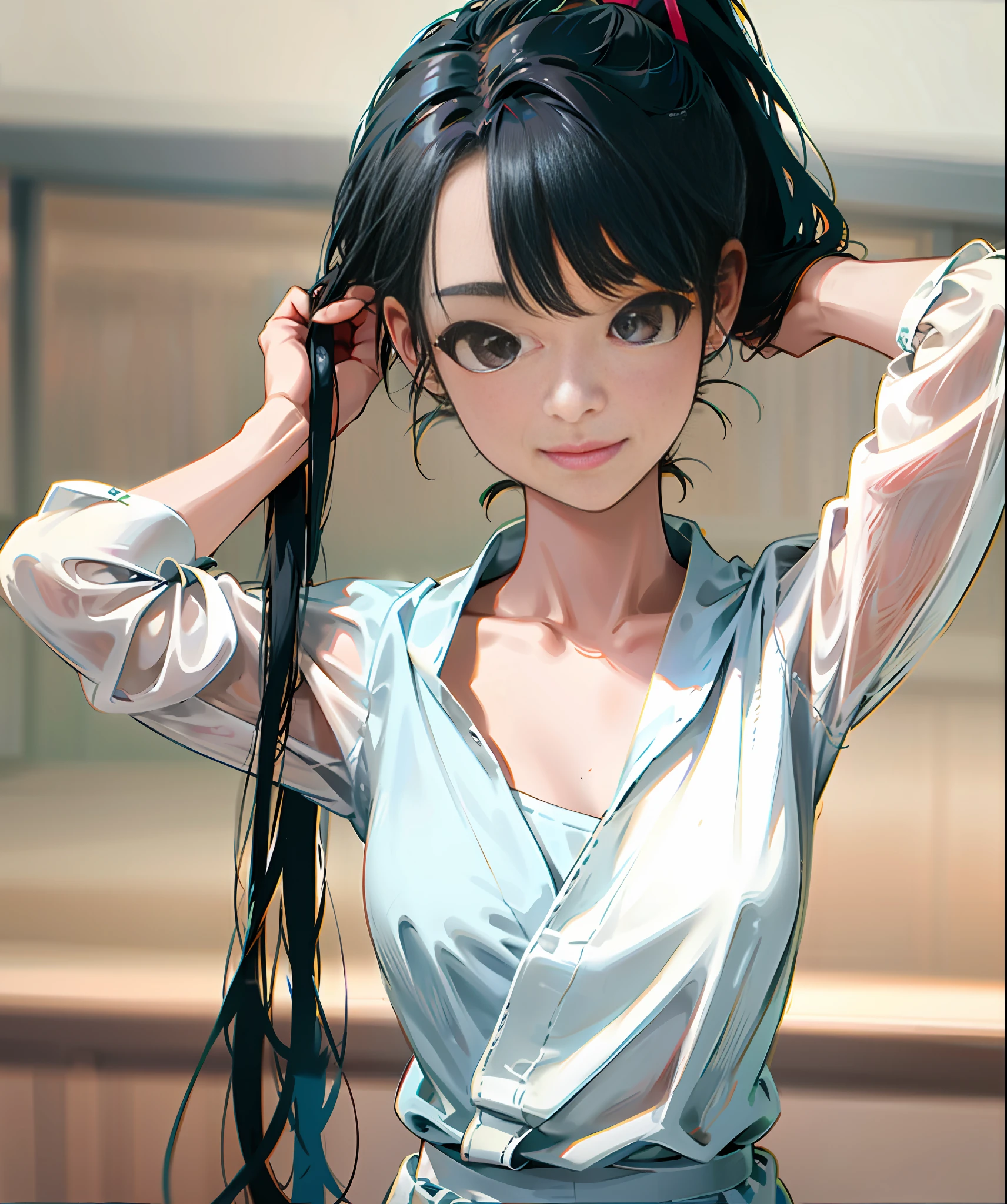 Korean girl, black hair, older sister, tying her hair into a ponytail and smiling to the narrator, high definition picture, masterpiece, (beautiful girl, cafe, seductive, virgin, sexy), (secretary), fierce smile, Miku, Hatsune Miku,
