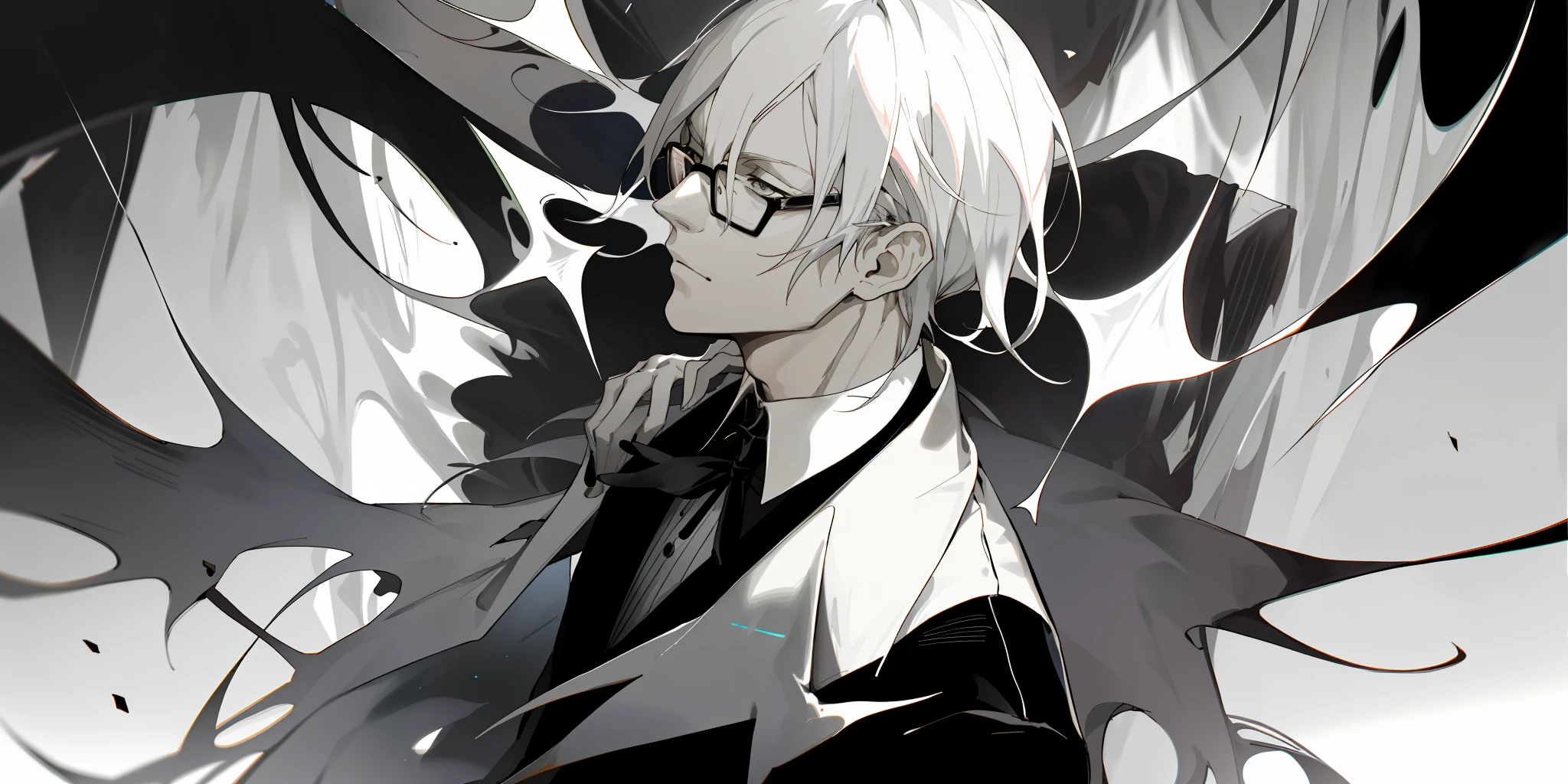 Decim (Death Parade), 1 man, 35-year-old,black bristle, man wearing glasses, closeup face, profile picture, portret, dresses in a formal and restrained style, a black jacket,white shirt, a professional look, Long white-ash hair, silver color, Hair Length: hair is typically style,