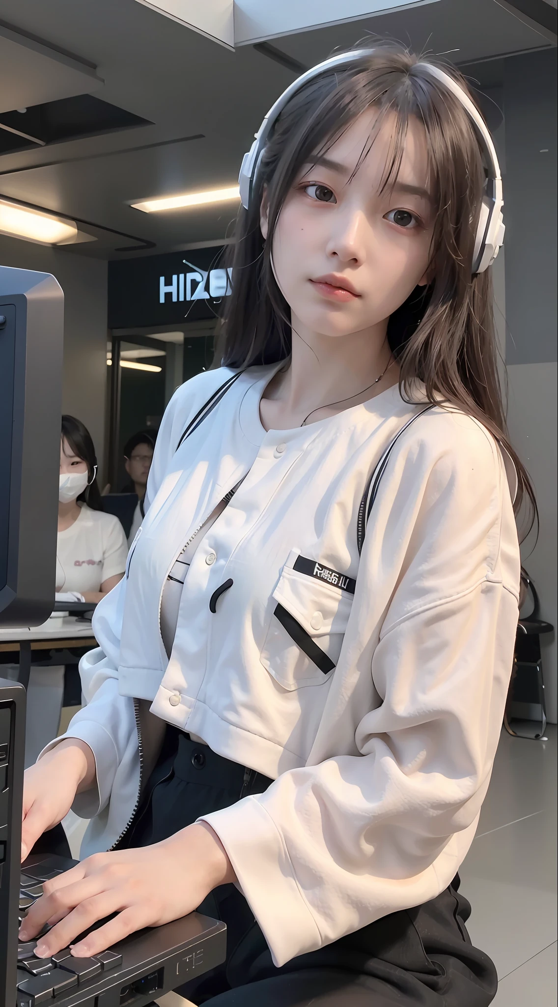 ((Best quality)), ((masterpiece)), (highly detailed:1.3), 3D, beautiful (cyberpunk:1.3) female hacker with thick voluminous hair operating a computer terminal, computer servers, LCD screens, fibre optic cables, corporate logos,HDR (High Dynamic Range),Ray Tracing,NVIDIA RTX,Super-Resolution,Unreal 5,Subsurface scattering,PBR Texturing,Post-processing,Anisotropic Filtering,Depth-of-field,Maximum clarity and sharpness,Multi-layered textures,Albedo and Specular maps,Surface shading,Accurate simulation of light-material interaction,Perfect proportions,Octane Render,Two-tone lighting,Low ISO,White balance,Rule of thirds,Wide aperature,8K RAW,Efficient Sub-Pixel,sub-pixel convolution,luminescent particles,