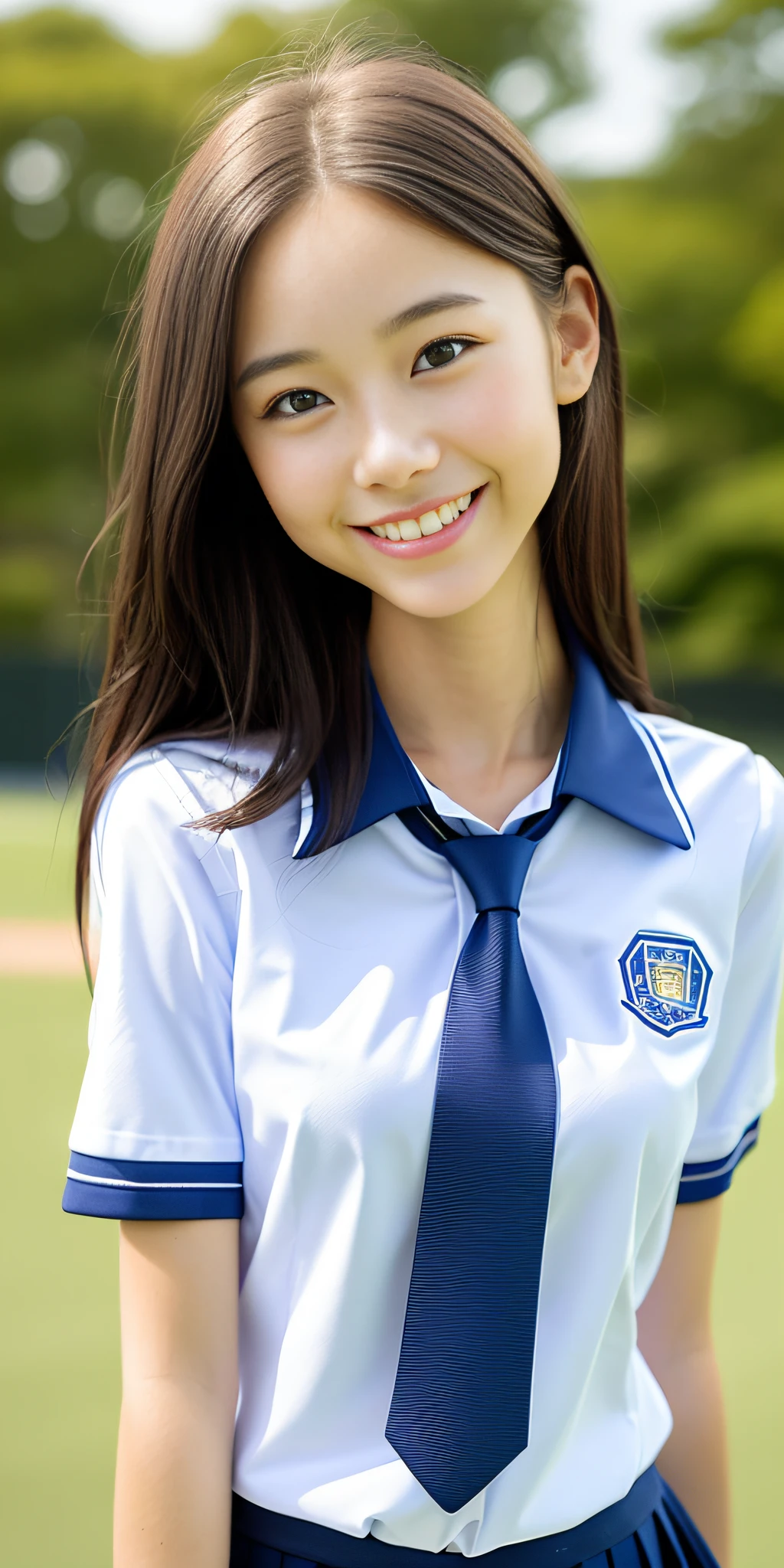 neat college girl, petite, (school uniform, tie, summer clothes), outside the athletic field, (slim), photorealistic, detail, skin texture, ultra detail, delicate and sexy collarbone, smile, super detailed face, detailed lips, detailed eyes, double eyelids, small breasts, small breasts, small, flat breasts, breast enhancement
