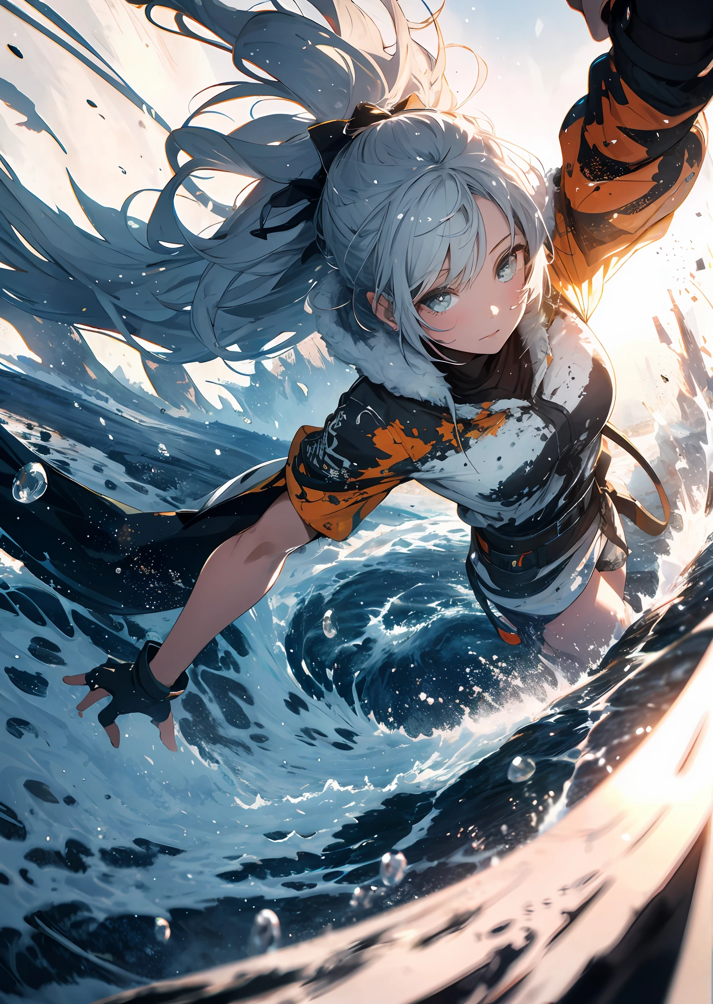 absurd, highres, ultra detailed, (1girl:1.3), BREAK, long exposure, motion blur, fluid movement, ethereal atmosphere, dream tracks, dynamic energy, time-lapse effect BREAK, paint splash, expressive drips, random patterns, energetic movement, strong colors, dynamic texture, spontaneous creativity BREAK, majestic peaks, rugged terrain, panoramic views, alpine beauty, outdoor adventure, breathtaking heights