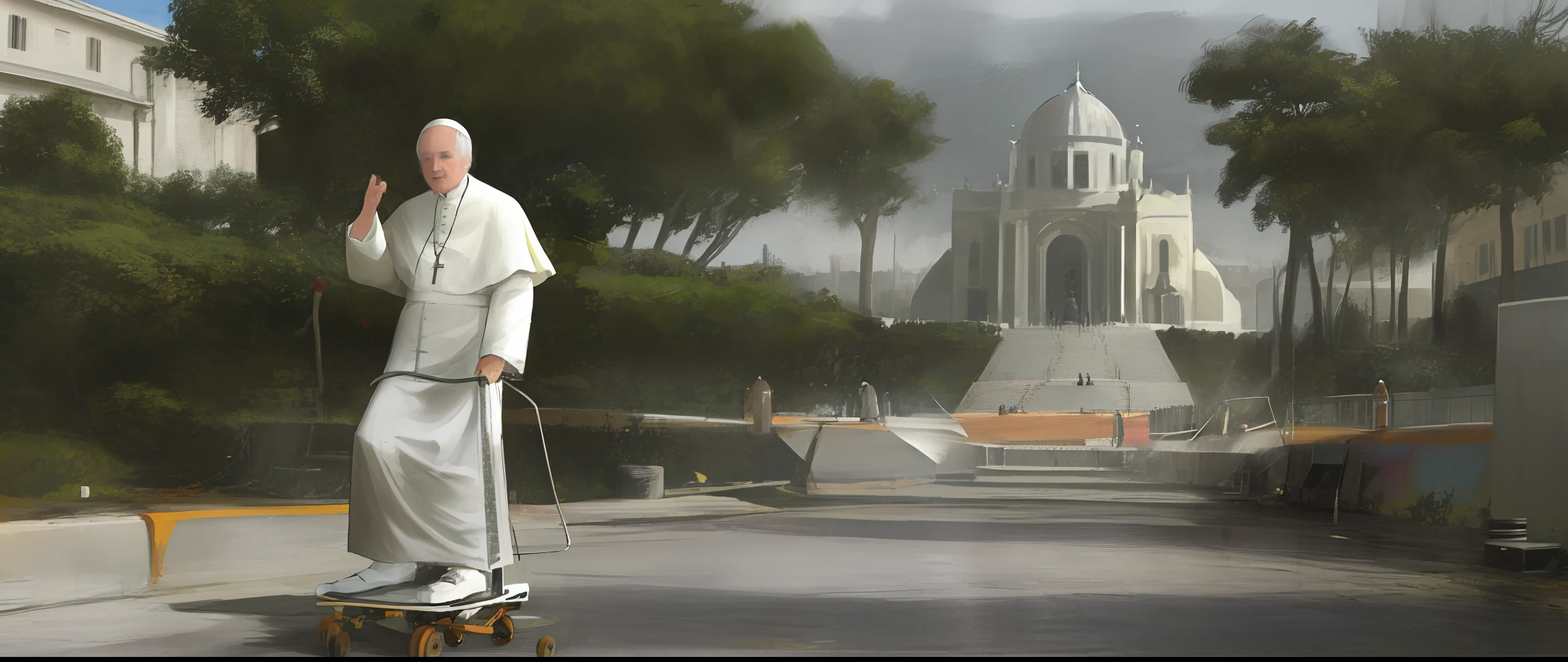 Pope walking from skateboard