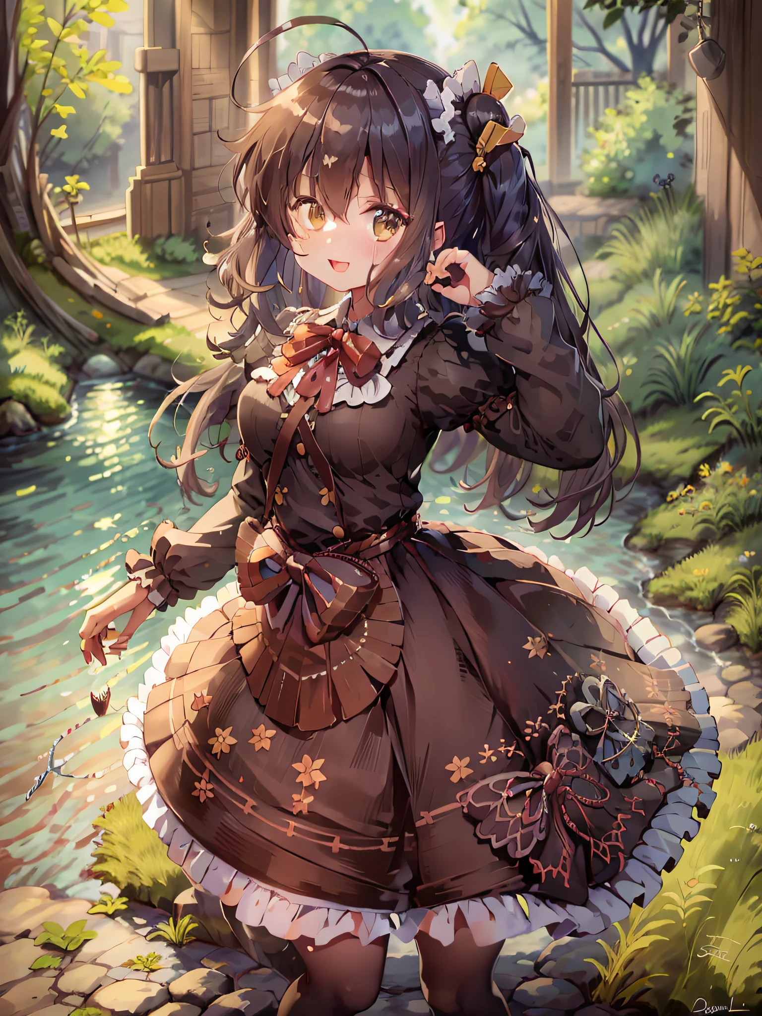 maid headdress,smile,full body,twintails,brown_hair/brown_eyes,{best quality}, {{masterpiece}}, {highres}, original, extremely detailed 8K wallpaper, 1girl, {an extremely delicate and beautiful},,