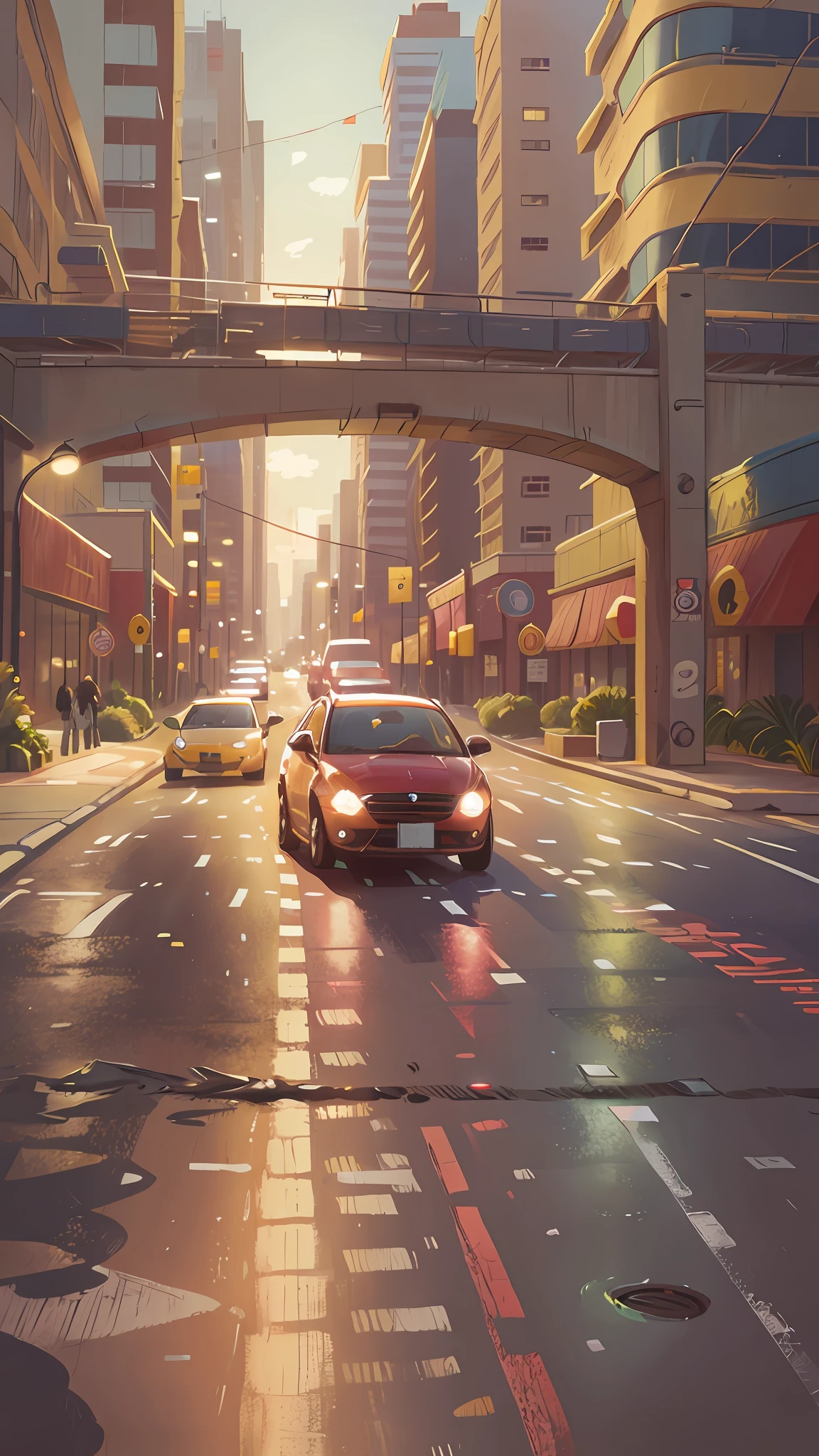 A car is driving on the road, The car drove towards the mall in the distance, A young couple walking on the road, The boy beckoned, closeup, anime style, speed lines, outside border, viewfinder, Surrealism, masterpiece, high quality, 8k