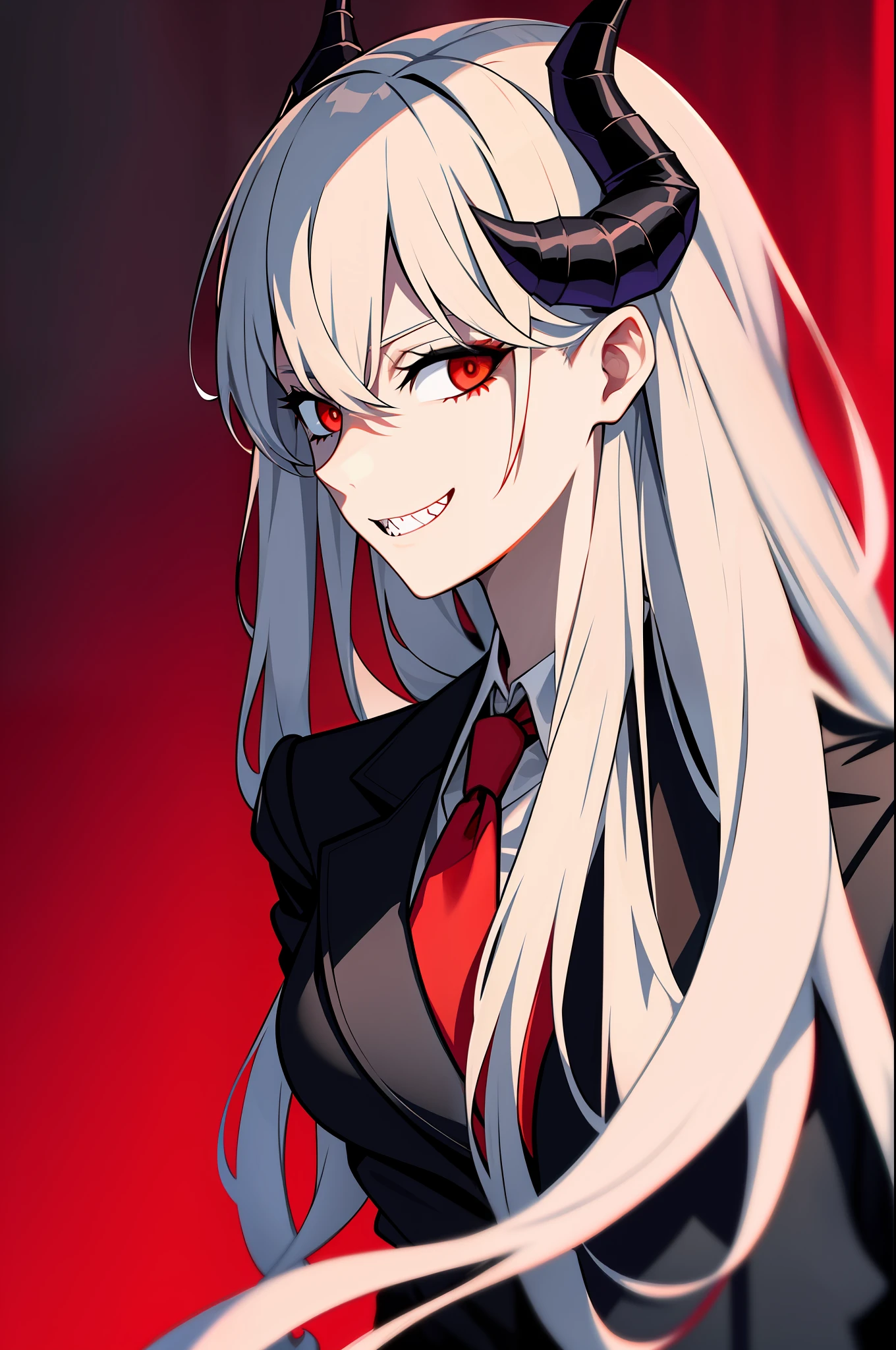 BoBa ((best quality)), ((masterpiece)), (detailed) 1girl, black_jacket, black_necktie, blood, blood_on_clothes, blood_on_face, blood_on_hands, blood_splatter, demon_girl, demon_horns, fangs, formal, gradient, gradient_background, grey_background, hair_between_eyes, hood, horns, jacket, long_hair, looking_at_viewer, necktie, power_\(chainsaw_man\), red_eyes, red_horns, sharp_teeth, shirt, smile, solo, suit, teeth, upper_body, white_shirt