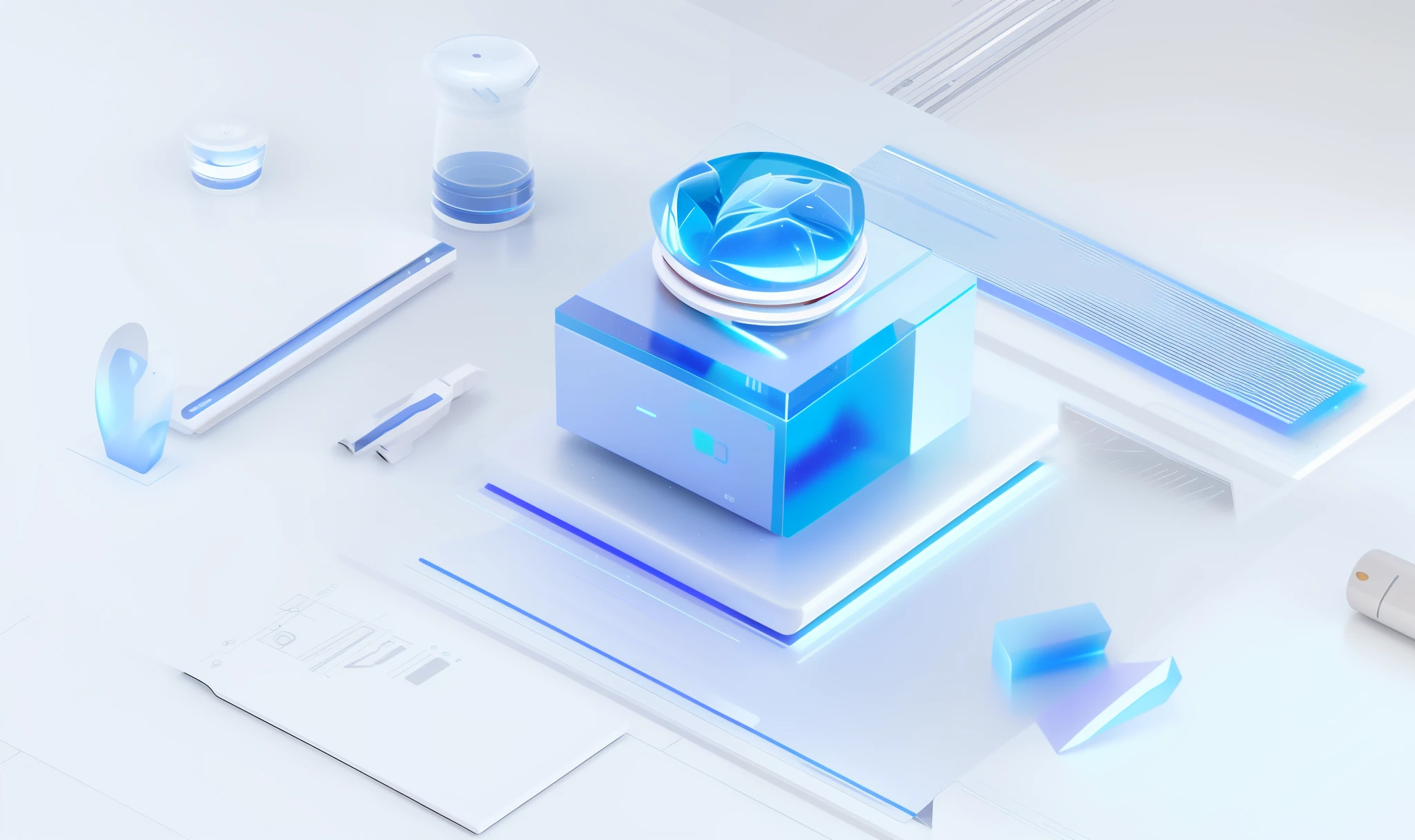 4k, blender, octane render, C4D, clear glass texture, DDicon, blue|purple, frosted glass, transparent technology, industrial design, dark gradient background, lighting, sunlight, plane, minimalist, quasi-object, axisymmetric, data, cylinder, cube, camera, (masterpiece, top quality, best quality, official art, Beauty and aesthetics: 1.2), (1girl), extremely detailed, (fractal art: 1.3), colorful, most detailed