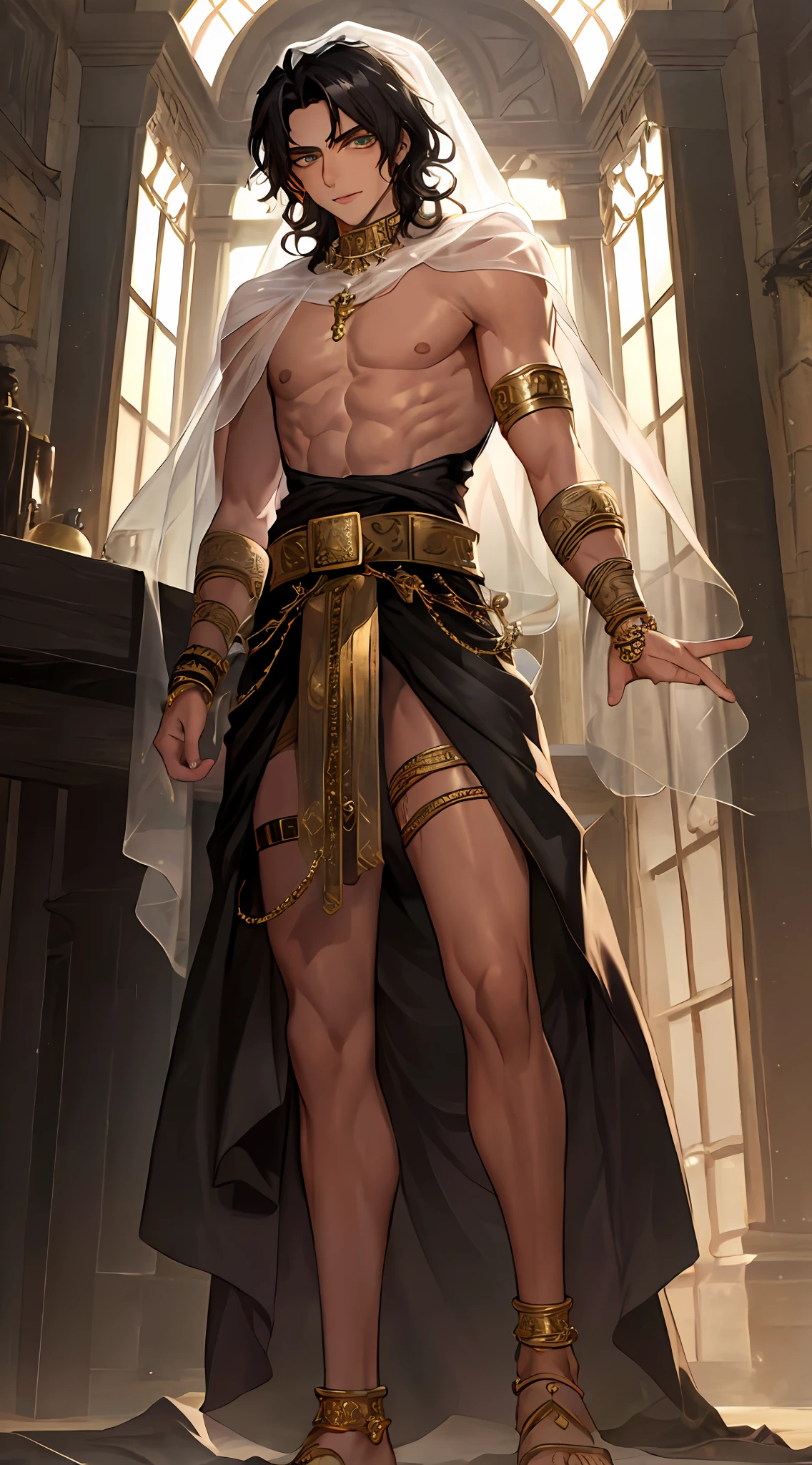 Young Man, 1boy, male, manly, Prince of Persia, veil, leaky waist, jewelry, brilliant, curly hair, black hair, dark skin, emerald eyes, gold waist chain, arm ring, leg ring, thin waist, bare leg, anklet, bracelet, ring