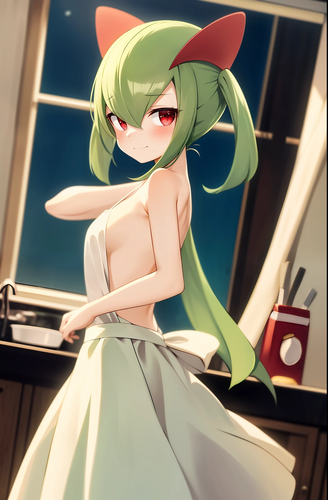 masterpiece, best quality, 1 girl, solo, kirlia, green hair, red eyes, pale skin like paper, in a kitchen, night stage, moche, no clothes, with a tight apron covering the front of her body, turning her back to the viewer, butt to the air, looking at the viewer, surprised look, shy smile, tight apron, blush.