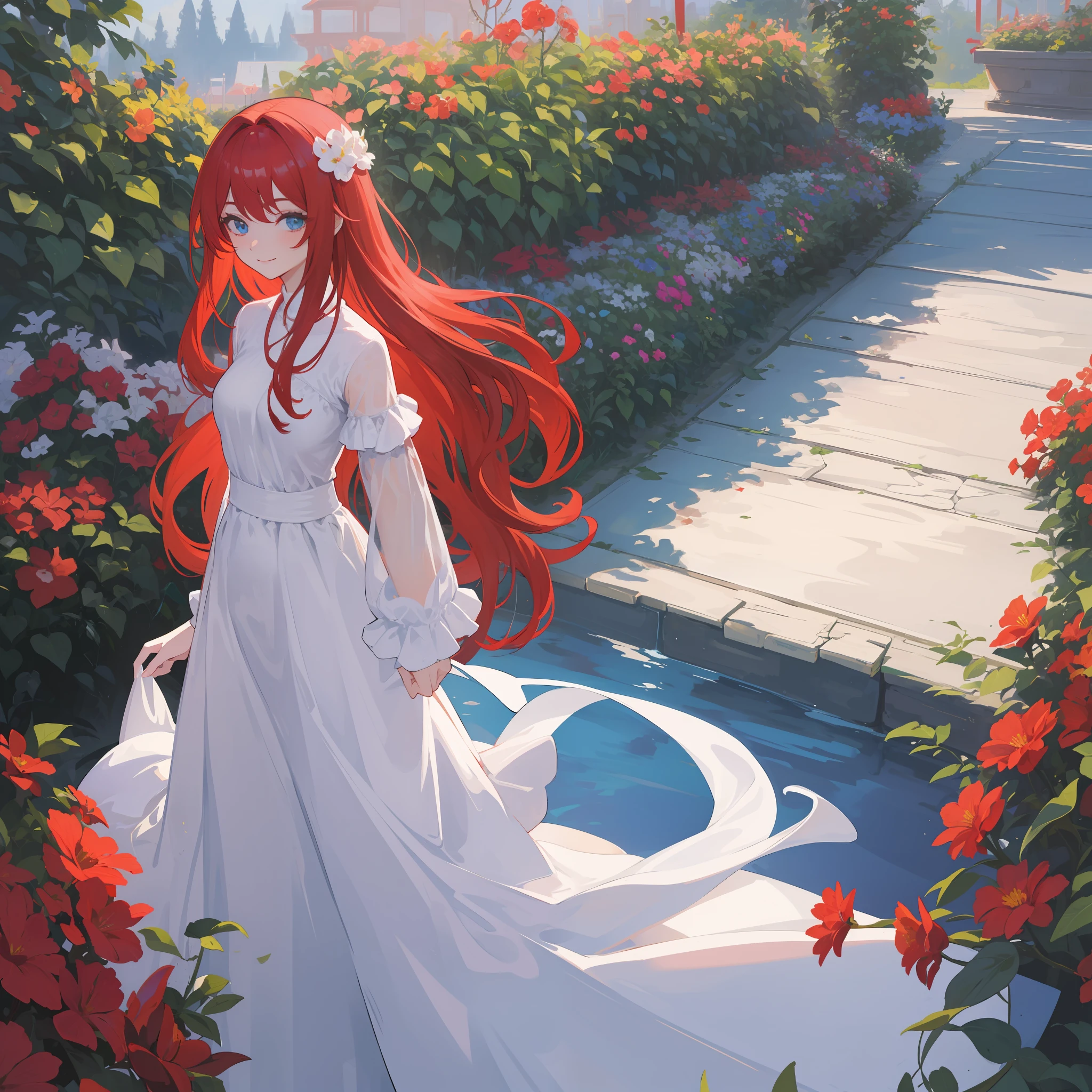 Girl with red flowing hair, blue eyes, with smile in the flower garden and beautiful white paviliun