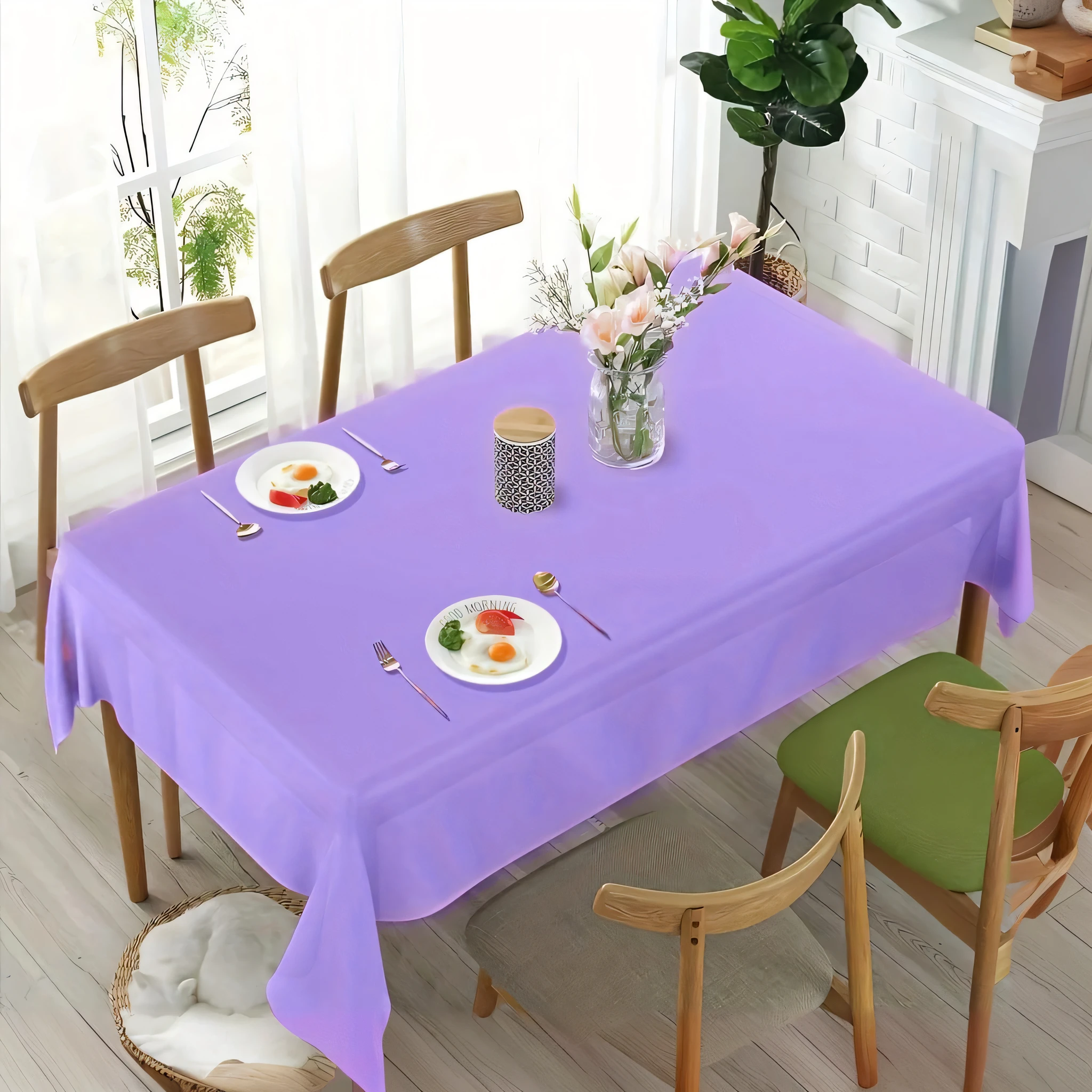 purple tablecloth on a table with plates of food and flowers, tablecloth, full subject shown in photo, ƒ/5.6, purple, ƒ / 3. 5, ƒ/3.5, light purple, ƒ / 2. 5, ƒ/2.5, 64x64, rectangular