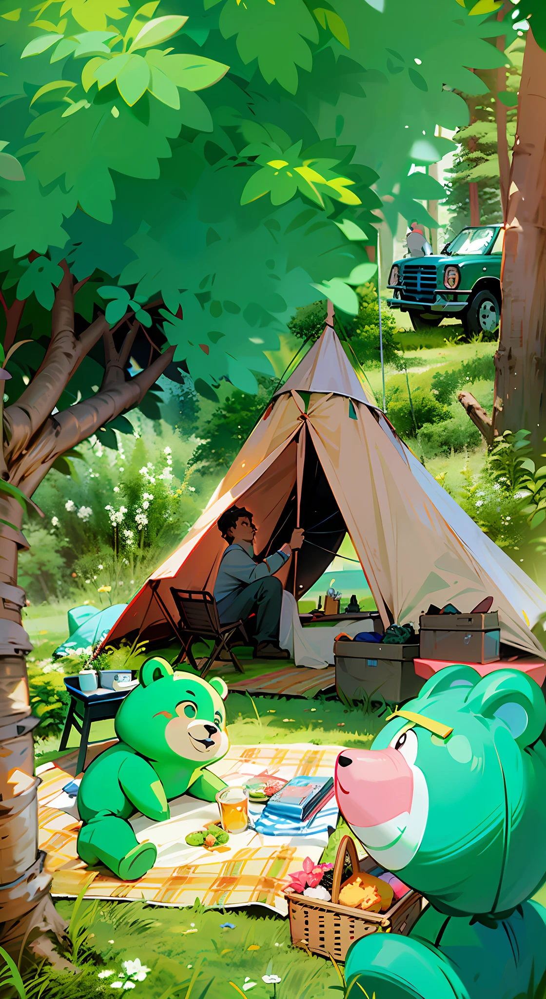 Furry Bear, Manga Hand Drawn Style, Bear Father and Son Sitting on Blanket on Meadow, Camping, Glamping, Afternoon Party, In a Colorful Tent, Yuru Camp, Atey Ghailan 8 K, Anime Yuru Camp, Guweiz Style Artwork, Tent, Jang Seung-e, Forest Picnic, 🪔 🎨 ; 🌞🌄 , green bear father and son, picnic style, hd picture quality, far view, side front shot, two bears sitting by tent relaxing, tea and picnic food there, cinema 4d rendering style, b-movie aesthetics, daz3d, green academia, instax, interactive experience, uhd images