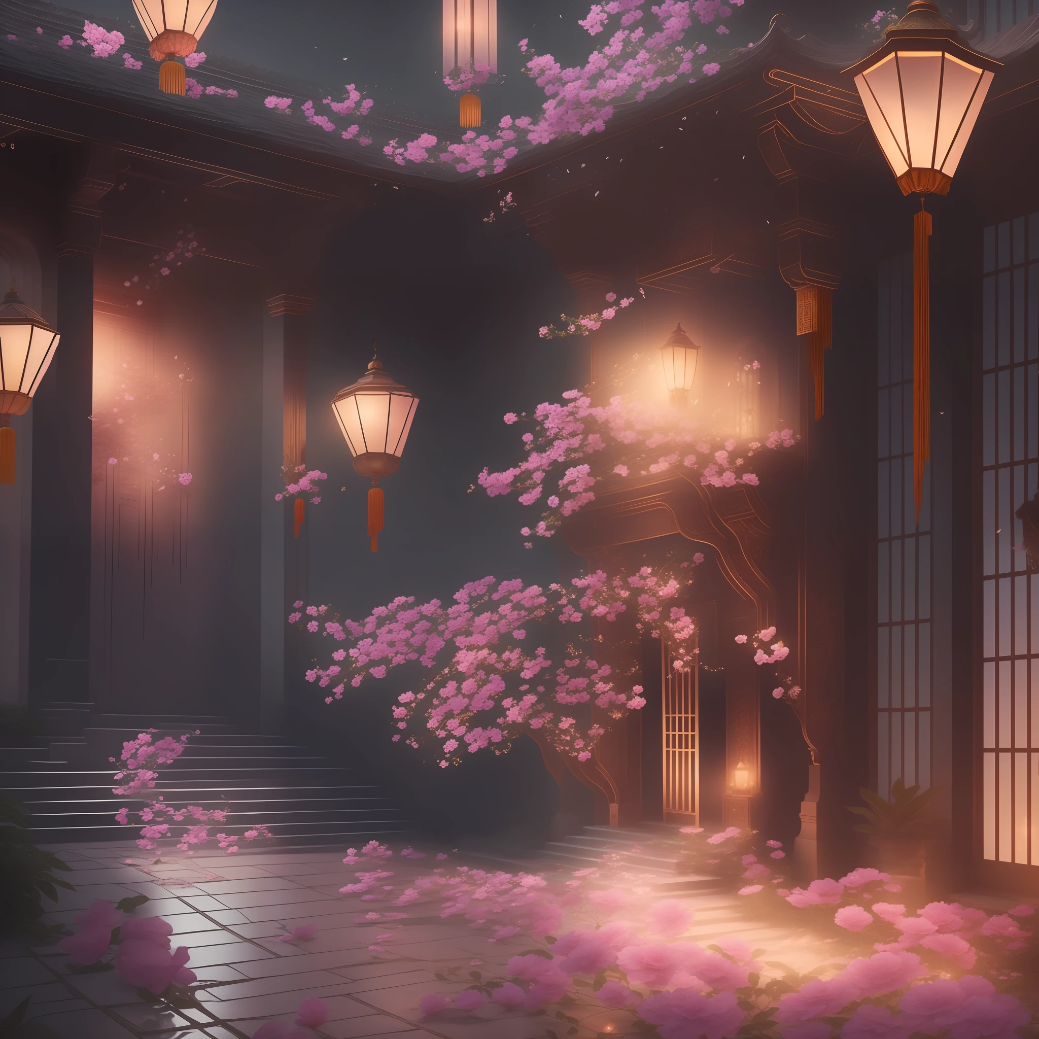 Extremely delicate and beautiful CG illustration, the best quality, high resolution, Chinese antique architecture, sad lighting atmosphere, night scene, petals falling, pure background, no characters --auto --s2