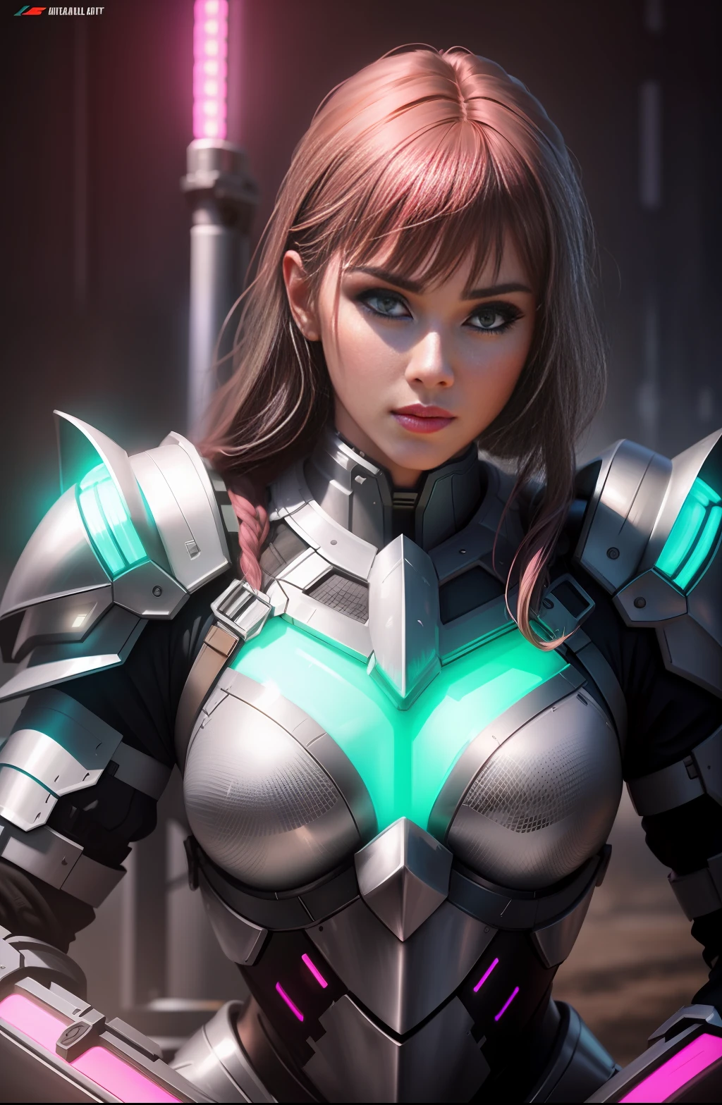 Woman in realistic battle armor in neon-lit, Beauty realistic & intricate face