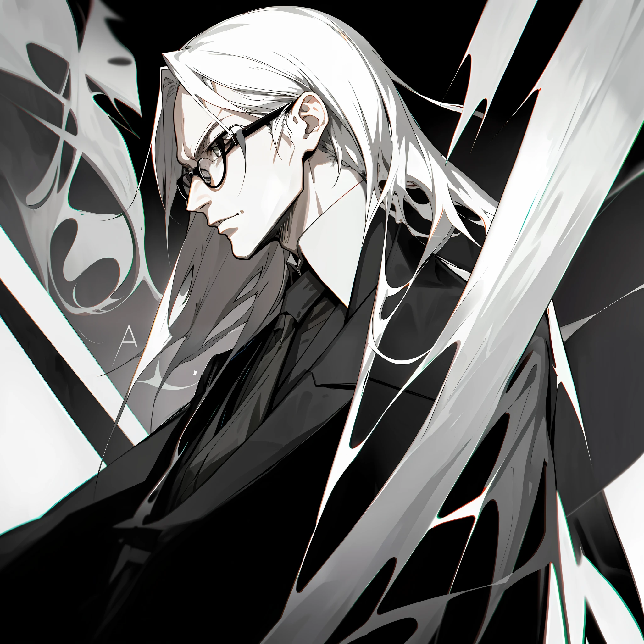 Decim (Death Parade), 1 man, 35-year-old,black bristle, man wearing glasses, closeup face, profile picture, portret, dresses in a formal and restrained style, a black jacket,white shirt, a professional look, Long white-ash hair, silver color, Hair Length: hair is typically style,