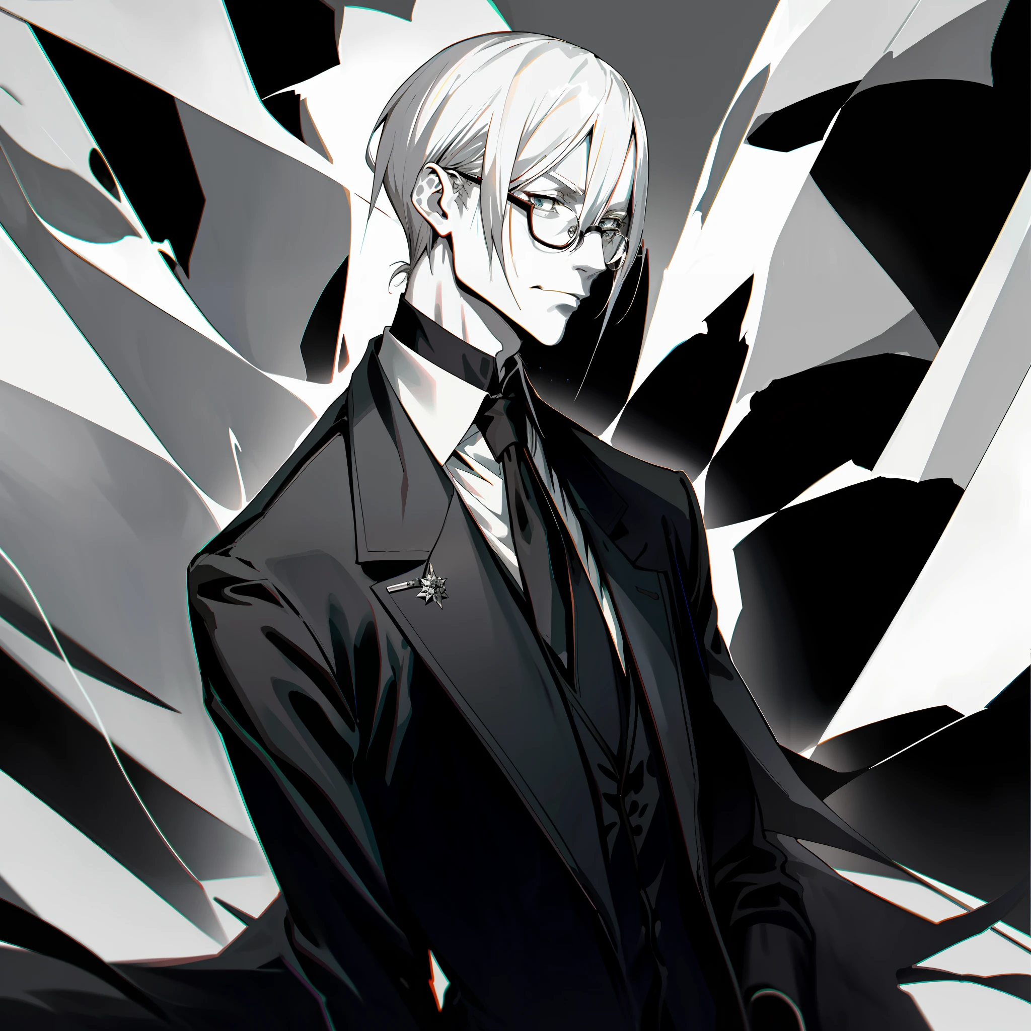 Decim (Death Parade), 1 man, 35-year-old,black bristle, man wearing glasses, closeup face, profile picture, portret, dresses in a formal and restrained style, a black jacket,white shirt, a professional look, Long white-ash hair, silver color, Hair Length: hair is typically style,