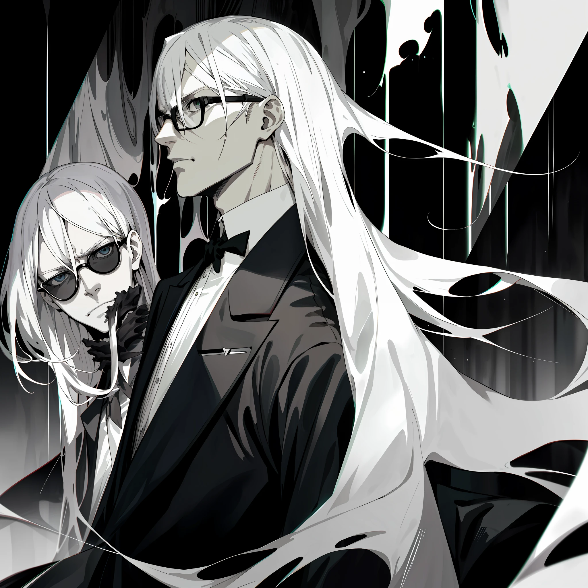 Decim (Death Parade), 1 man, 35-year-old,black bristle, man wearing glasses, closeup face, profile picture, portret, dresses in a formal and restrained style, a black jacket,white shirt, a professional look, Long white-ash hair, silver color, Hair Length: hair is typically style,