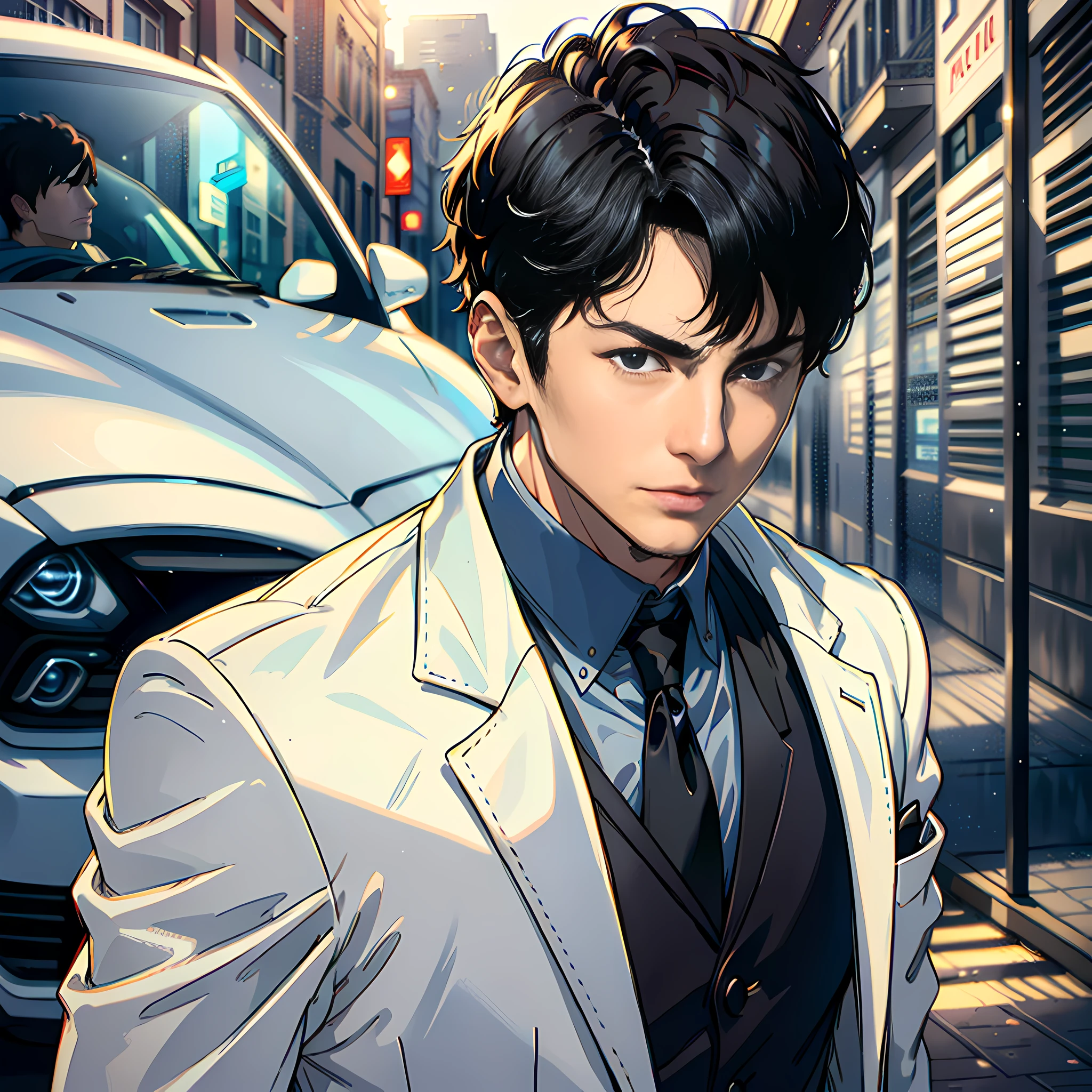 A handsome boy, white sports coat, short black hair, a Maybach parked in front of him, super high detail, high realism, 4K, chiaroscuro, super detail
