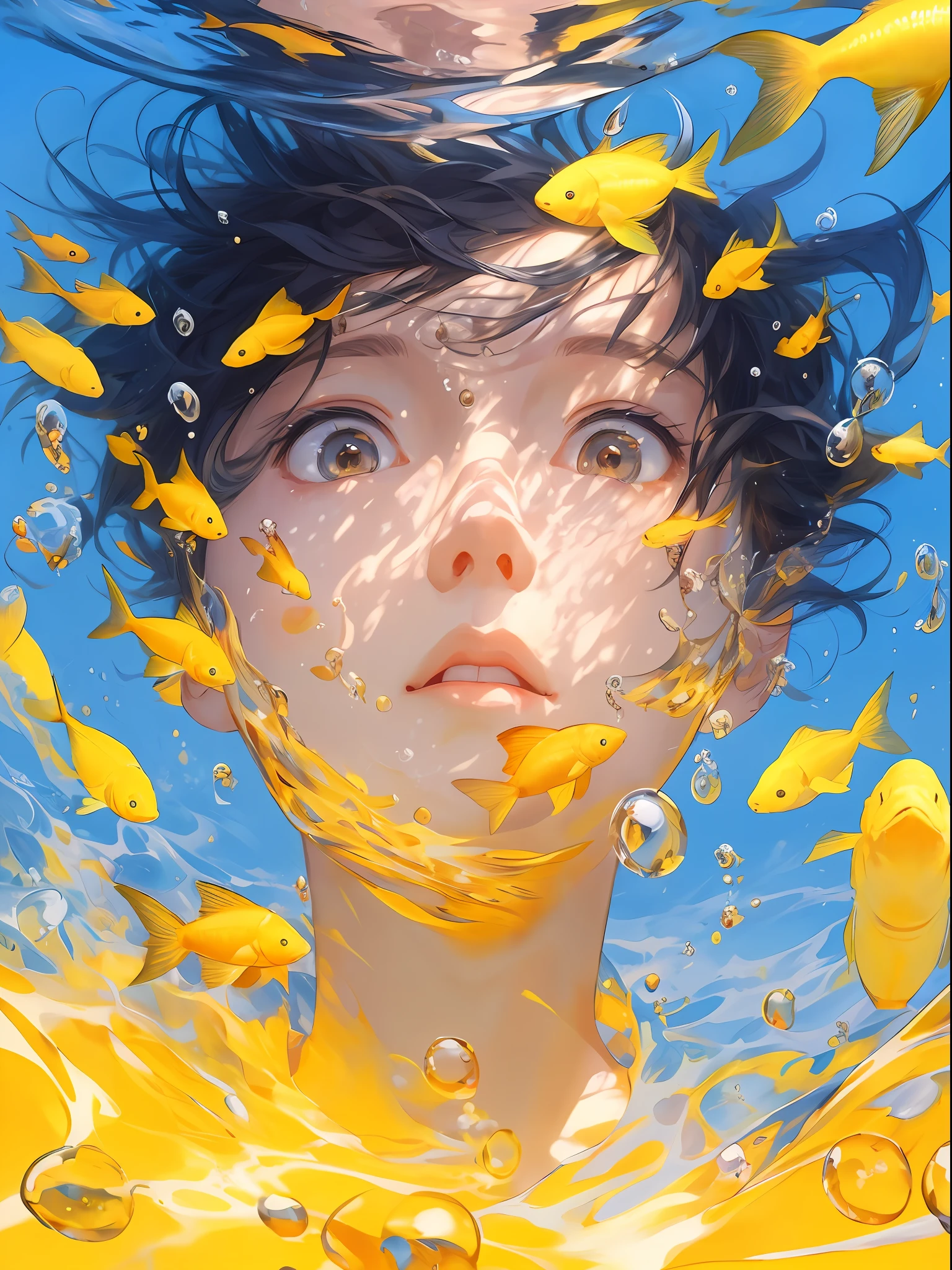 there is a young boy with a bunch of yellow fish in his hair, makoto shinkai cyril rolando, artwork in the style of guweiz, inspired by Yuumei, by Yanjun Cheng, a beautiful artwork illustration, by Yuumei, artgerm and atey ghailan, inspired by Yanjun Cheng, beautiful digital artwork