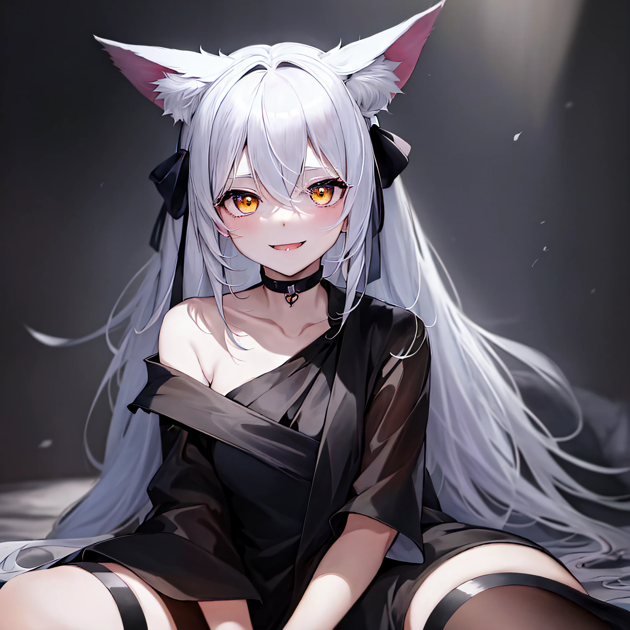 anime girl with white hair and black dress sitting on a bed, white - haired fox, anime girl with cat ears, white cat girl, beautiful anime catgirl, vampire white fox, very beautiful anime cat girl, from arknights, cute anime catgirl, guweiz on pixiv artstation, anime catgirl, guweiz on artstation pixiv