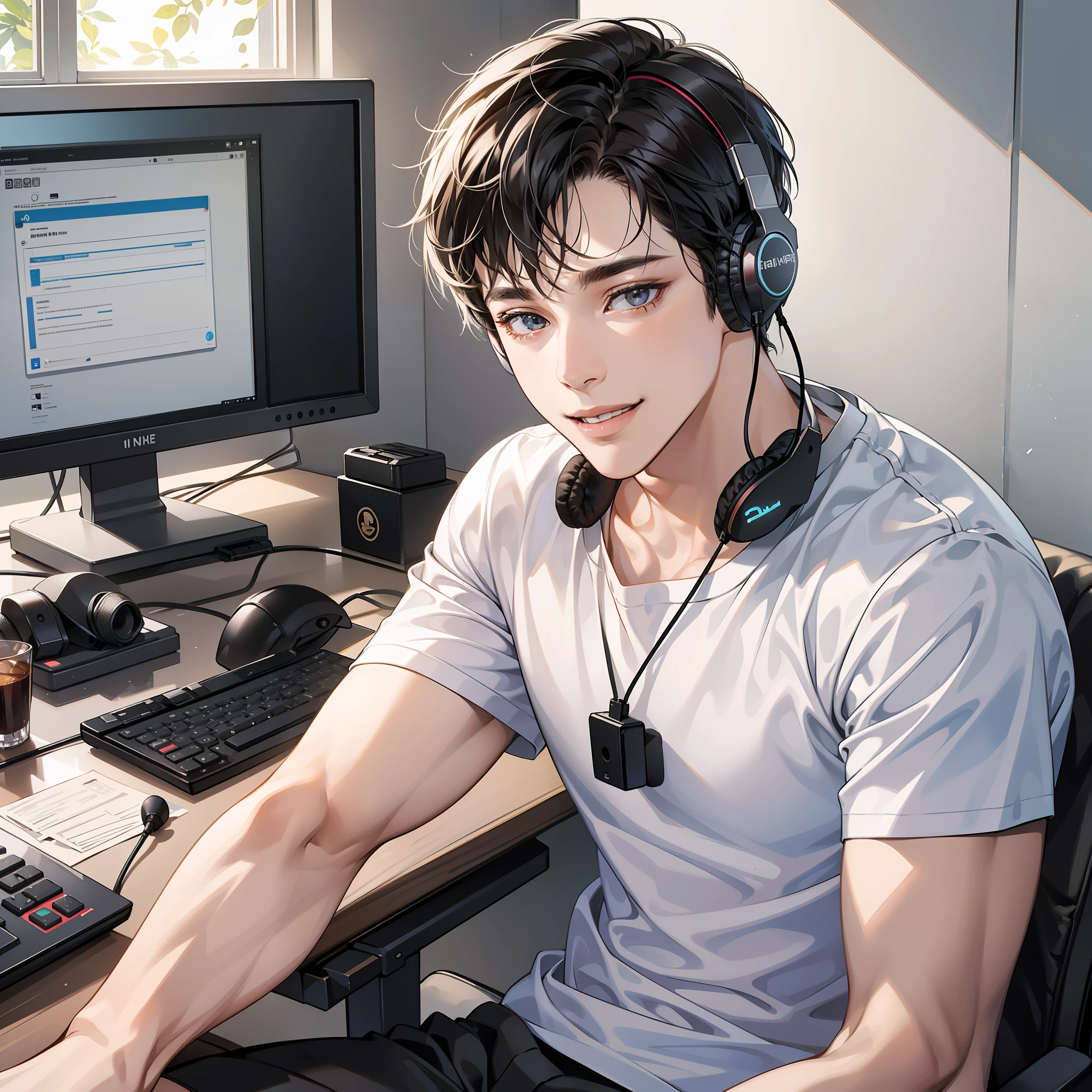 Masterpiece, high quality, best quality, HD, realistic, perfect lighting, detailed face, detailed body, 1 man, short black hair, white t-shirt, (smile emoji: 1.5) (happy face: 1.5), wearing headphones, sitting in front of computer screen, room