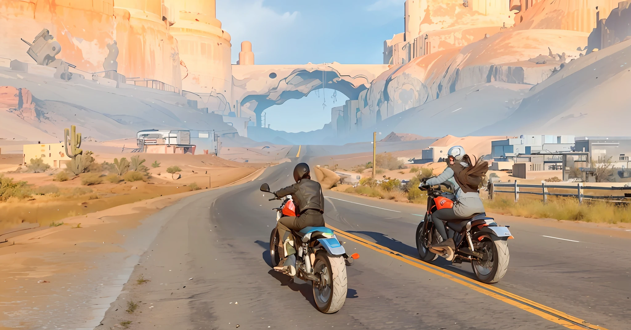 Two people riding a motorcycle in the desert, back view, Ride in Doom Town, Crazy Max style, best quality, masterpiece, 4K, high details, high quality